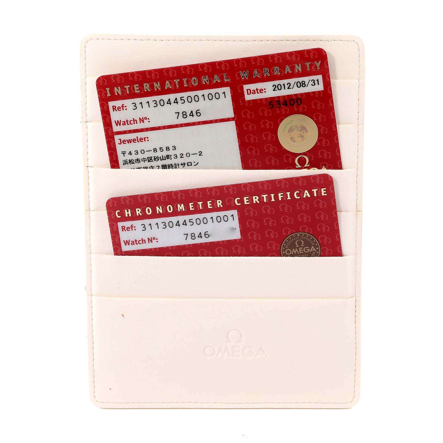 This image shows the warranty and chronometer certificate cards for an Omega Speedmaster 311.30.44.50.01.001 Men's Stainless Steel Black Dial 311.30.44.50.01.001 Men's Stainless Steel Black Dial model, presented in a white card holder.