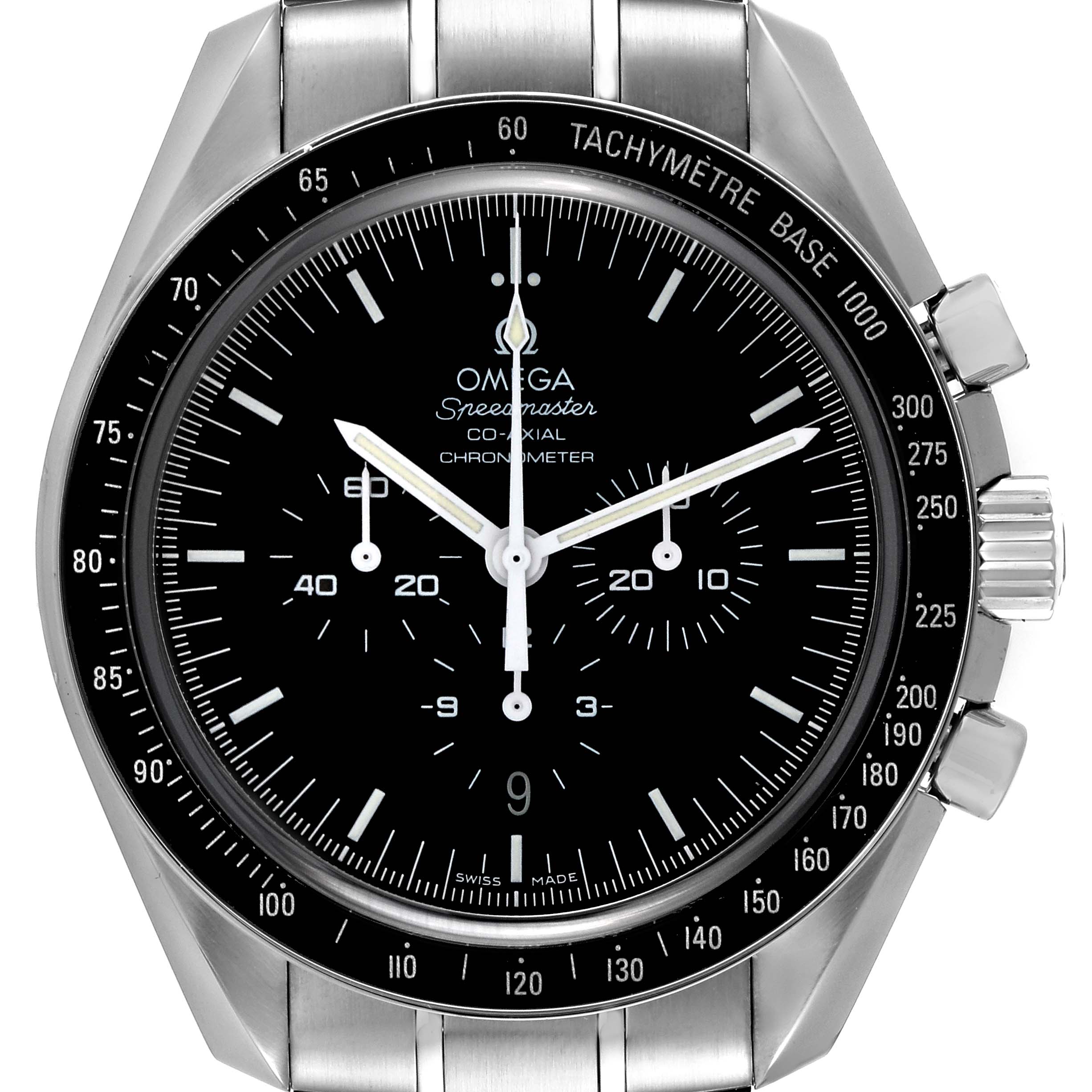 The image shows a front view of an Omega Speedmaster 311.30.44.50.01.001 Men's Stainless Steel Black Dial 311.30.44.50.01.001 Men's Stainless Steel Black Dial watch, detailing the dial, hands, sub-dials, and tachymeter.