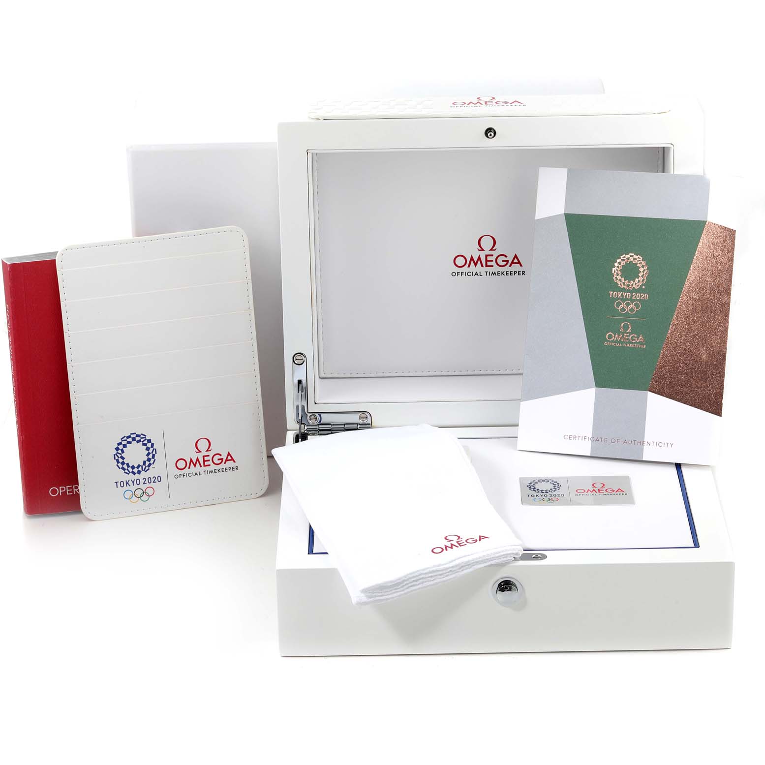 The image shows the box, booklets, and accessories for the Omega Speedmaster 522.20.42.30.06.001 Men's Steel and Gold (two tone) Grey Dial 522.20.42.30.06.001 Men's Steel and Gold (two tone) Grey Dial watch, including a certificate and cleaning cloth.