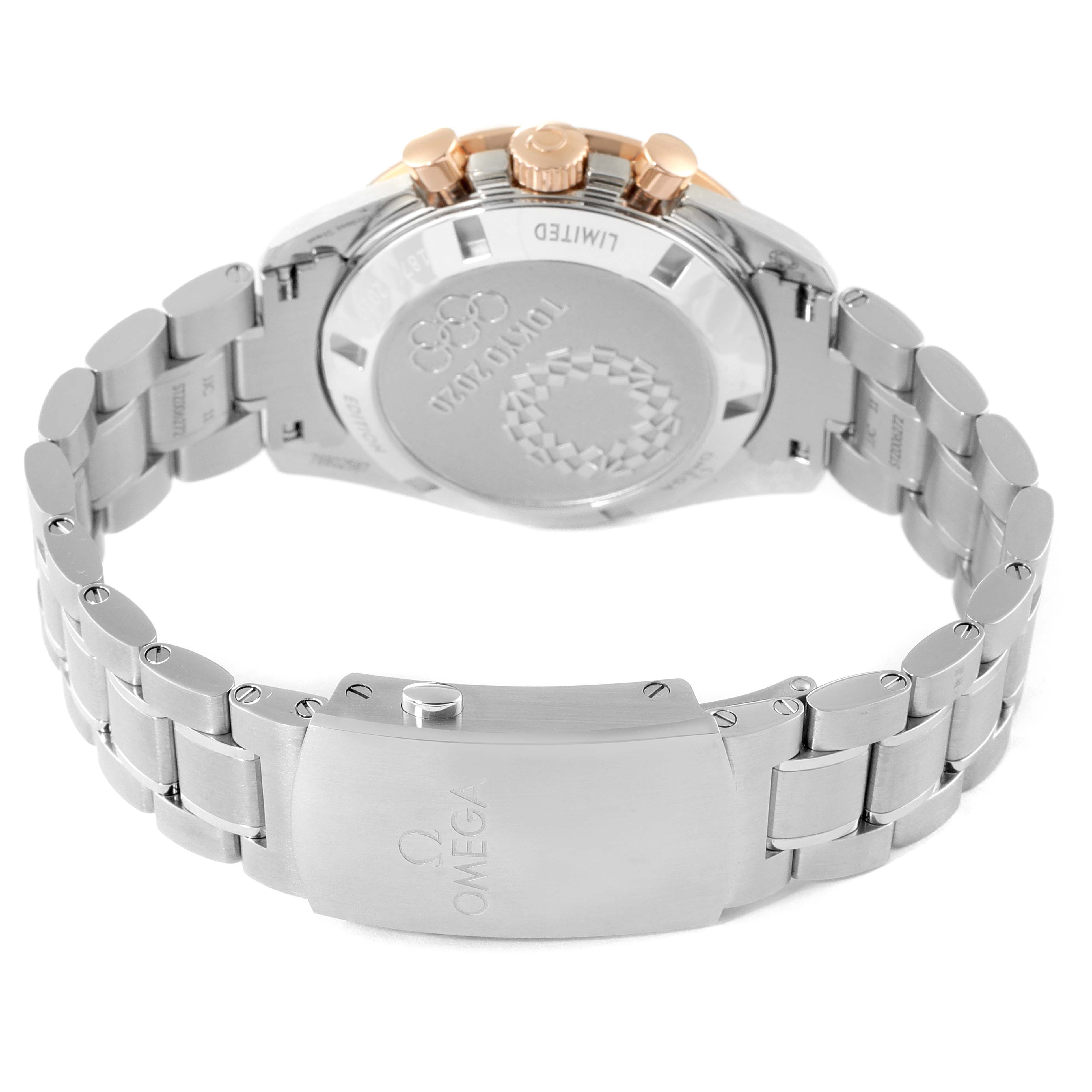 This image shows the back and bracelet of an Omega Speedmaster 522.20.42.30.06.001 Men's Steel and Gold (two tone) Grey Dial 522.20.42.30.06.001 Men's Steel and Gold (two tone) Grey Dial watch, displaying the case back, pushers, and clasp.