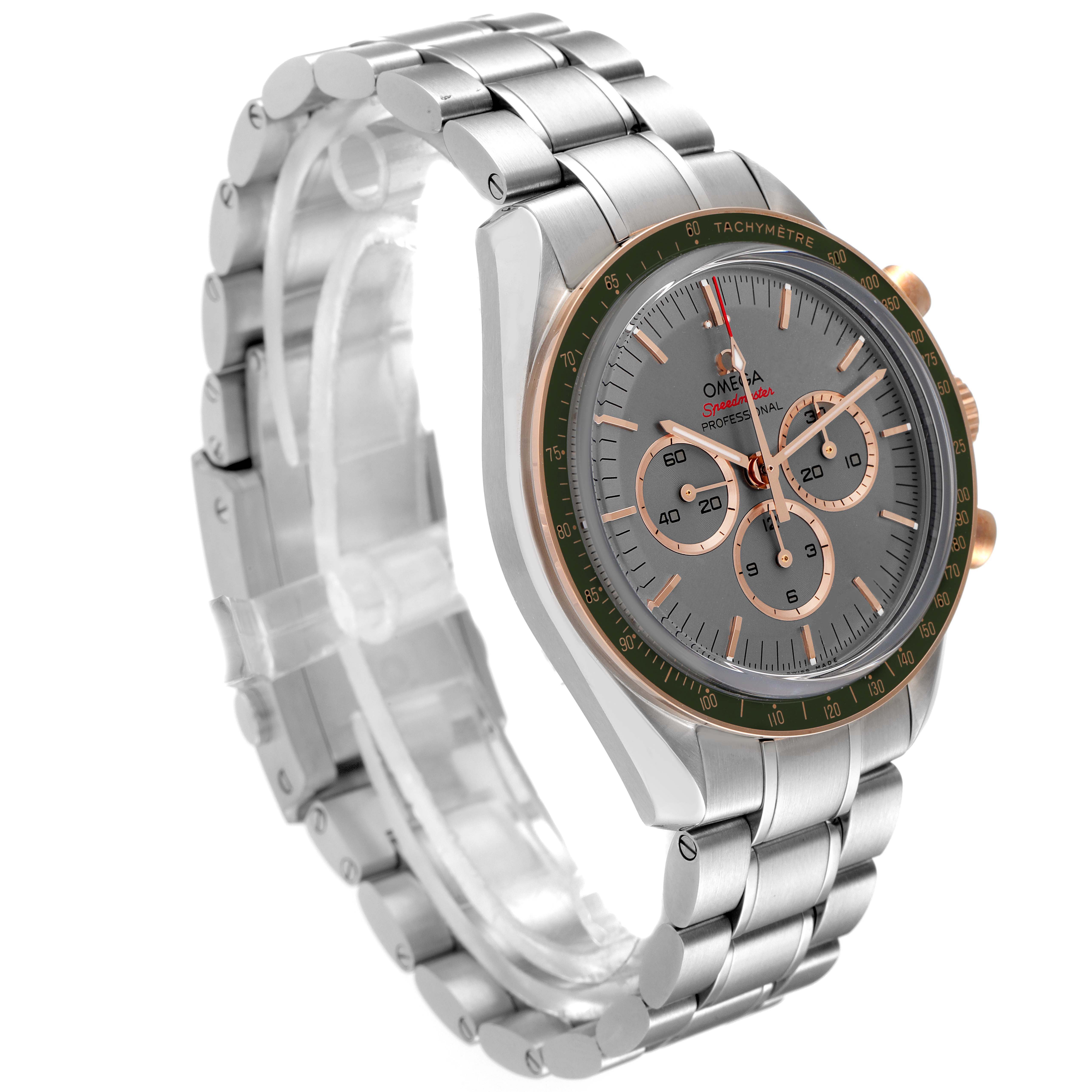 The image shows an Omega Speedmaster 522.20.42.30.06.001 Men's Steel and Gold (two tone) Grey Dial 522.20.42.30.06.001 Men's Steel and Gold (two tone) Grey Dial watch from a front-right angle, displaying the dial, bezel, and stainless steel bracelet.