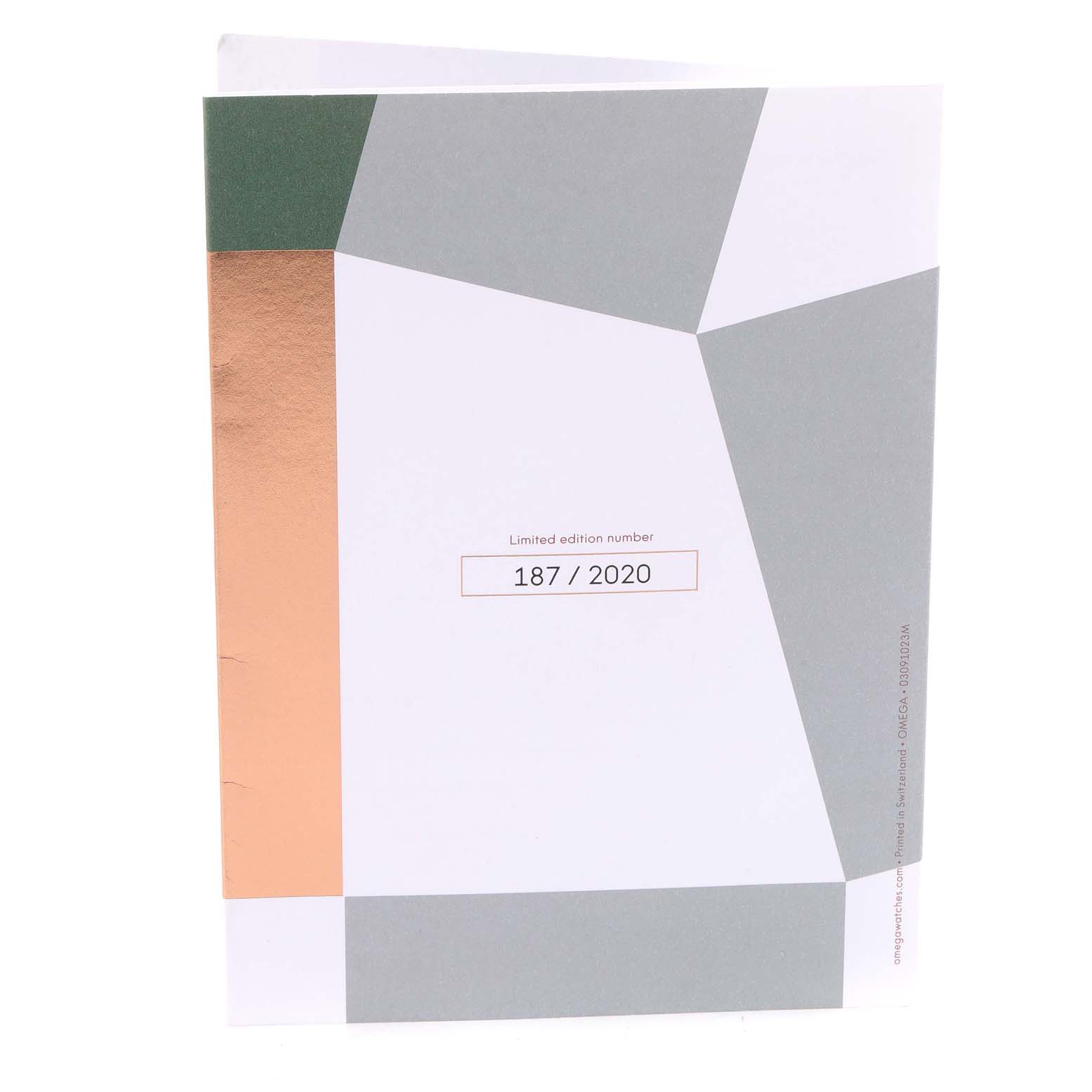 This image shows the limited edition certificate for the Omega Speedmaster 522.20.42.30.06.001 Men's Steel and Gold (two tone) Grey Dial 522.20.42.30.06.001 Men's Steel and Gold (two tone) Grey Dial watch, displaying the number 187/2020.