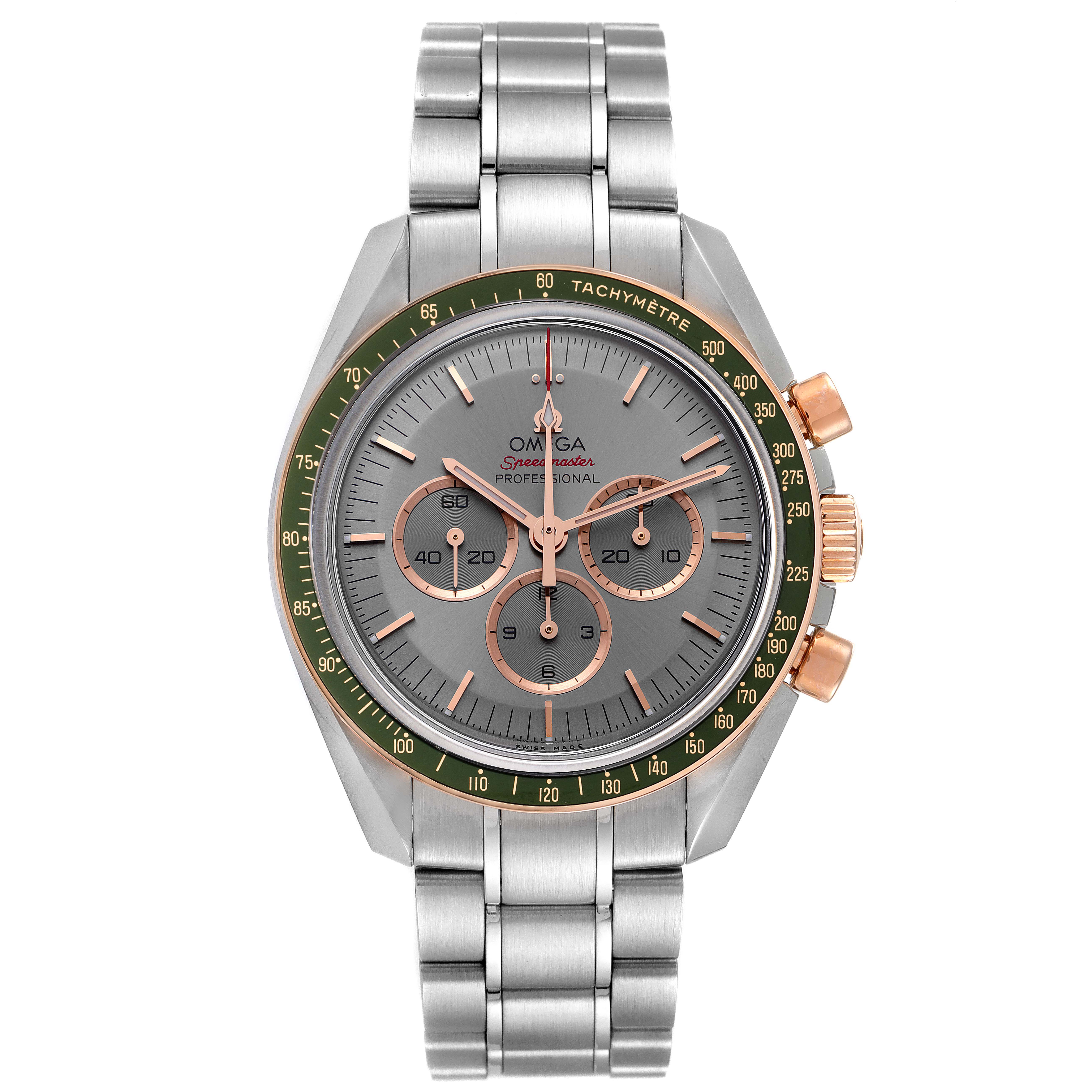 The image shows a front view of the Omega Speedmaster 522.20.42.30.06.001 Men's Steel and Gold (two tone) Grey Dial 522.20.42.30.06.001 Men's Steel and Gold (two tone) Grey Dial watch, displaying its face, bezel, and full bracelet.