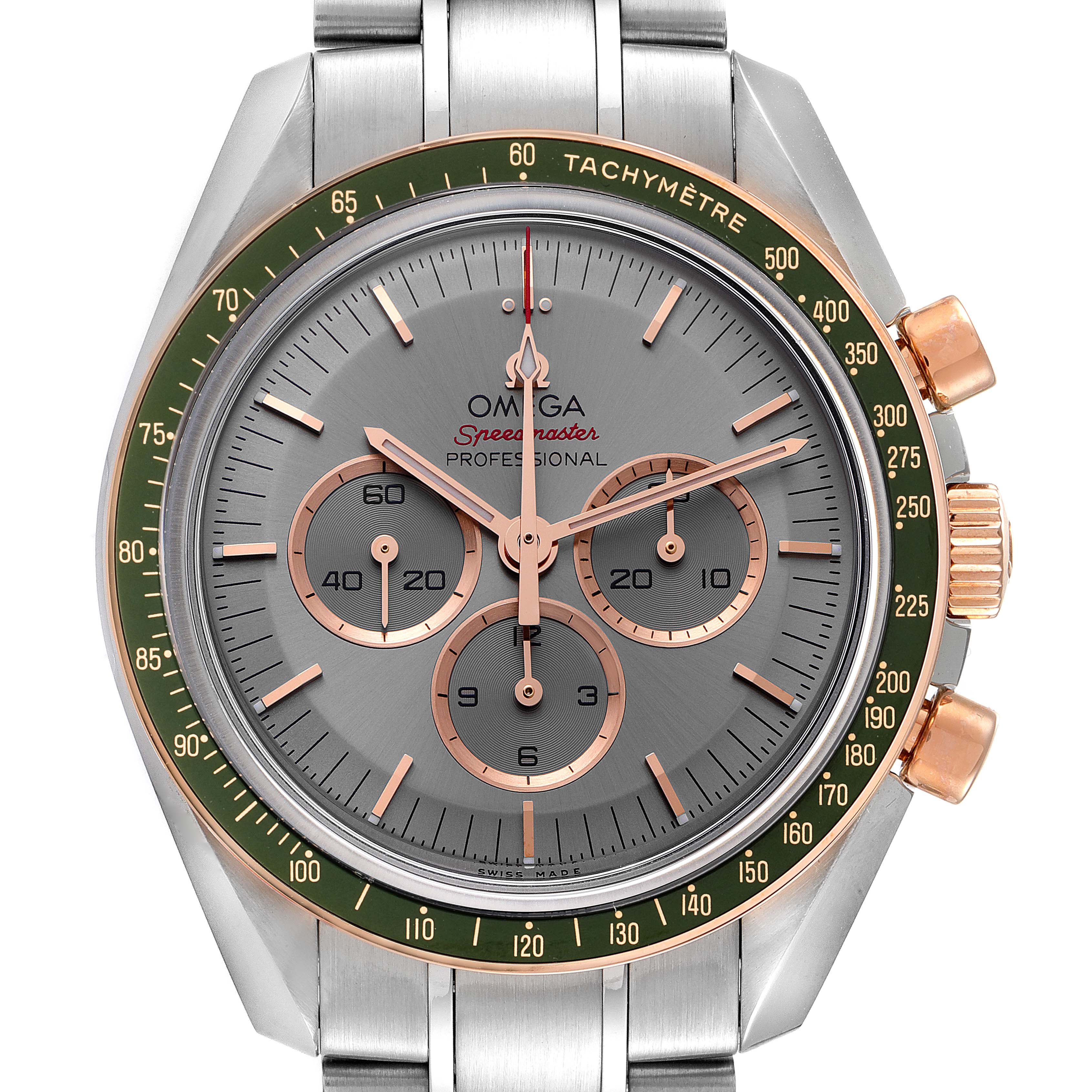 The image shows a front view of the Omega Speedmaster 522.20.42.30.06.001 Men's Steel and Gold (two tone) Grey Dial 522.20.42.30.06.001 Men's Steel and Gold (two tone) Grey Dial, highlighting its chronograph dials, tachymeter bezel, and stainless steel bracelet.