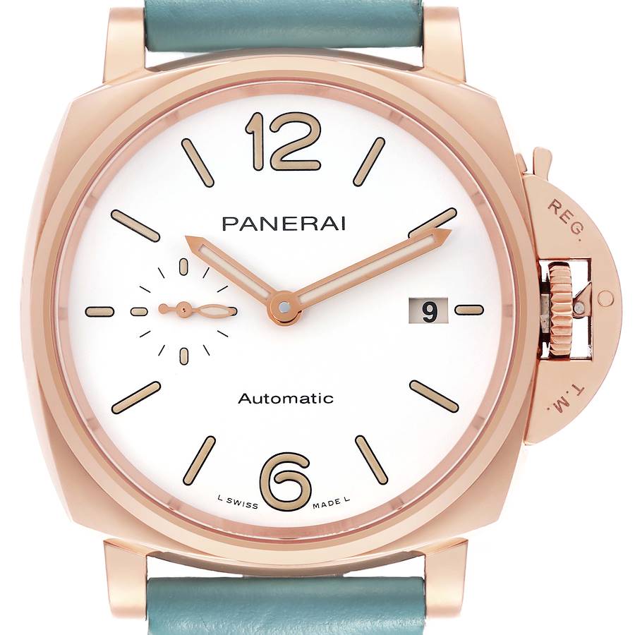 The image shows a front view of a Panerai Luminor watch, highlighting the dial, crown guard, and strap attachment.