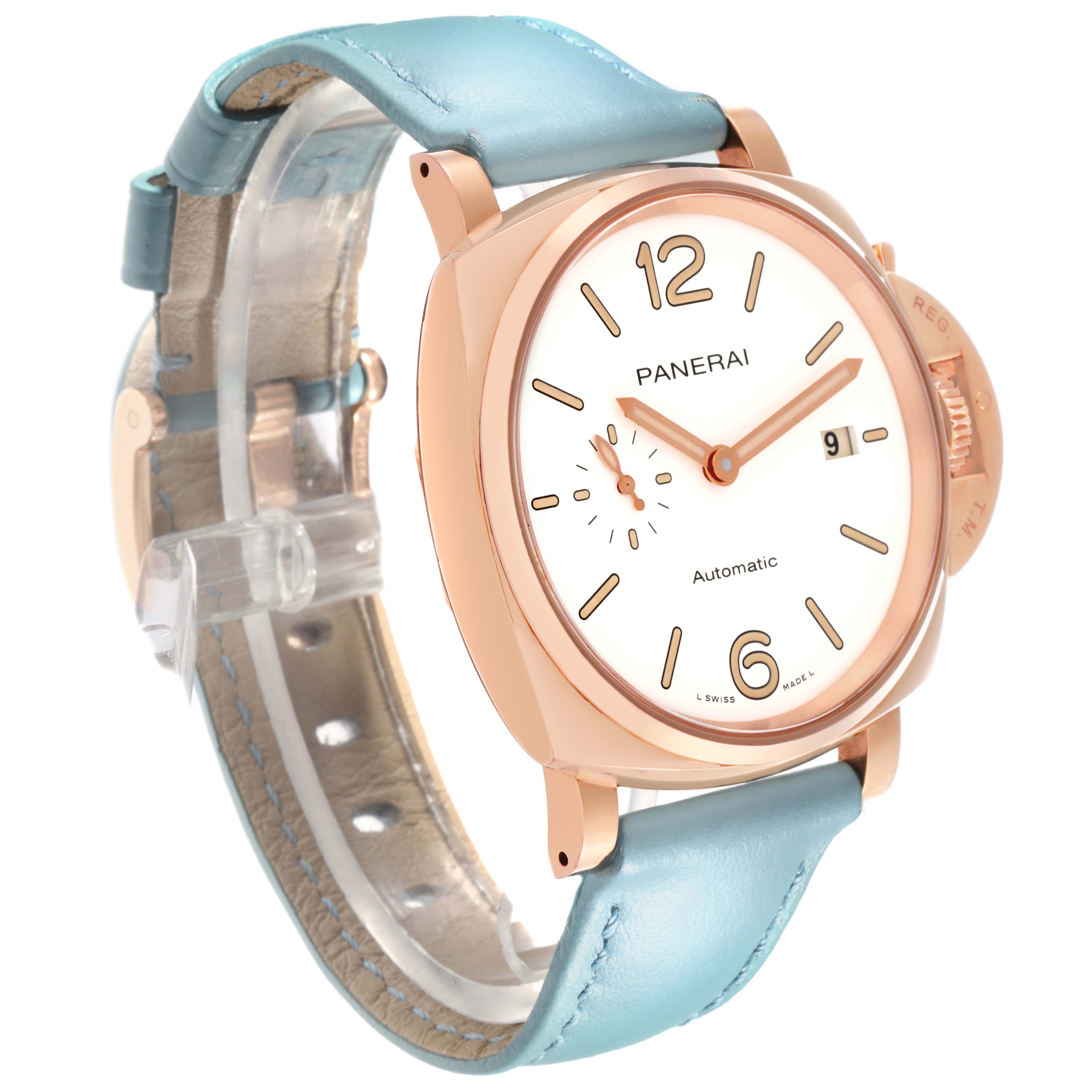 The Panerai Luminor PAM01042 Men's Rose Gold White Dial PAM01042 Men's Rose Gold White Dial watch is shown at a slight angled side view, highlighting the face, strap, crown, and clasp.