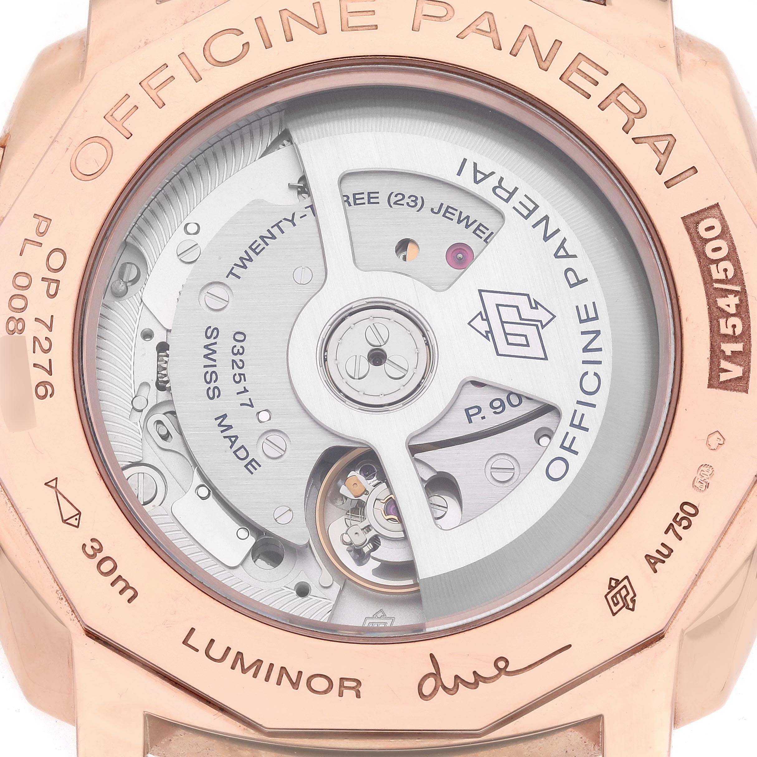 The image shows the rear view of a Panerai Luminor PAM01042 Men's Rose Gold White Dial PAM01042 Men's Rose Gold White Dial watch, highlighting the open case back and visible movement details.