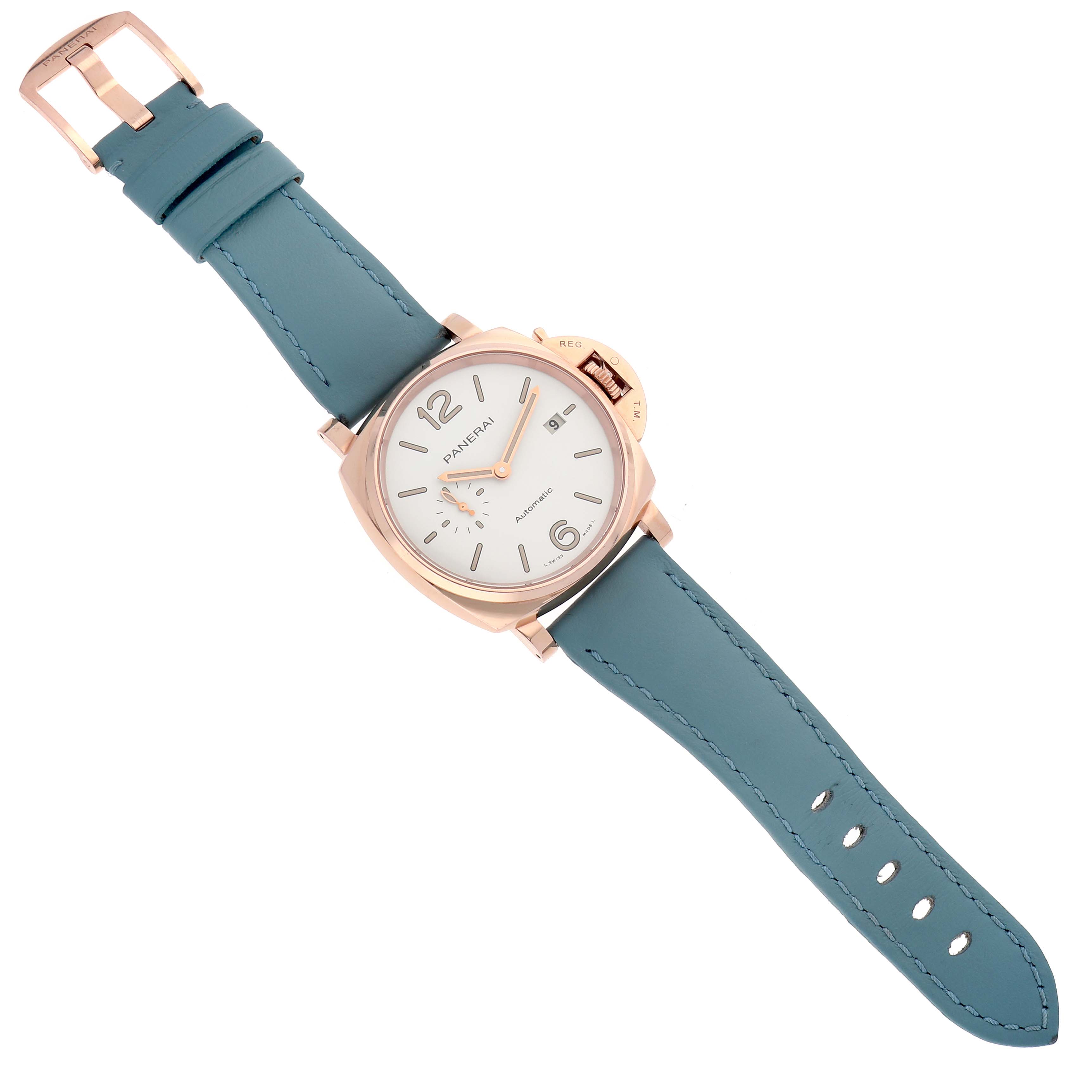 The image shows a Panerai Luminor PAM01042 Men's Rose Gold White Dial PAM01042 Men's Rose Gold White Dial watch from a top-down angle, highlighting the face, strap, and buckle.