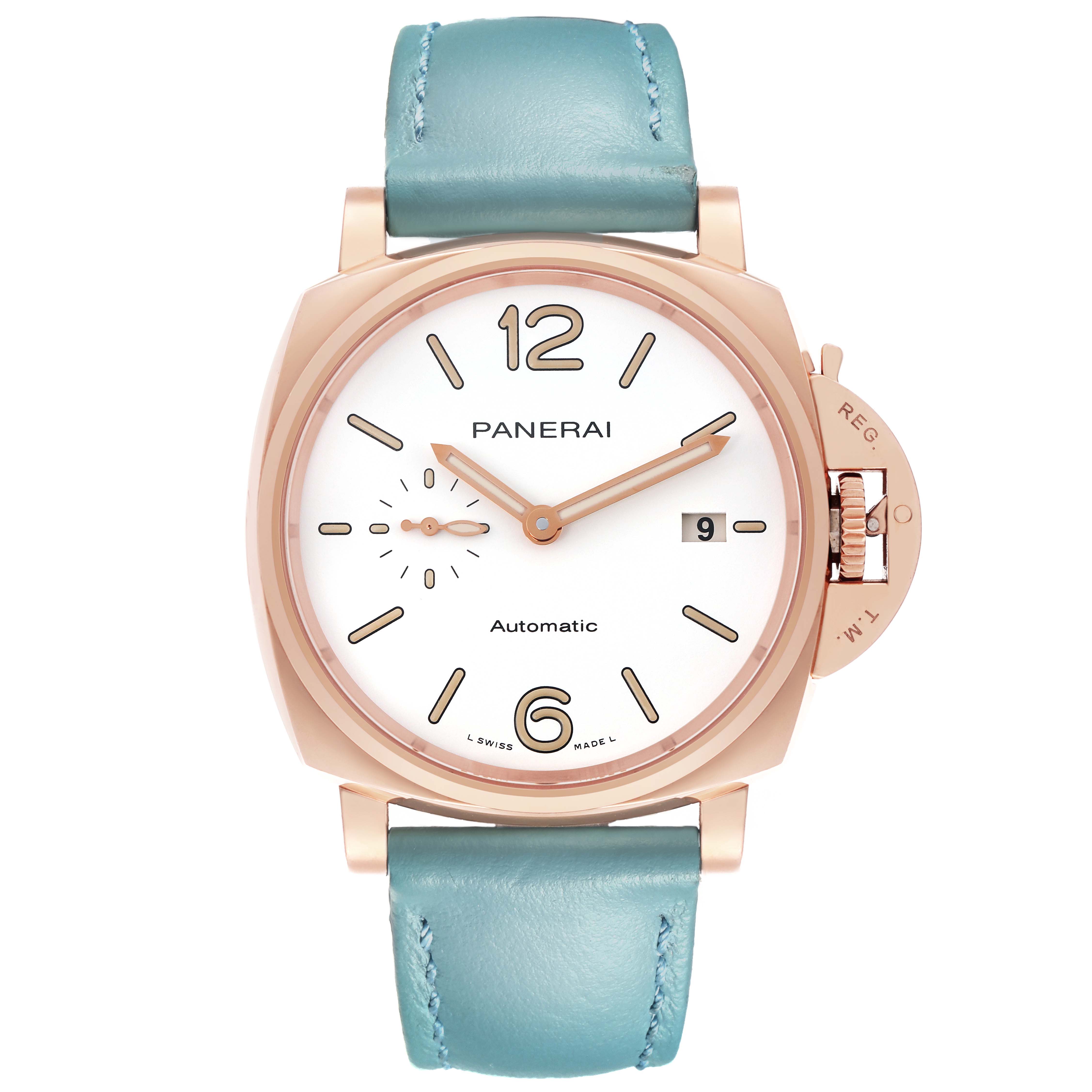 The image shows a Panerai Luminor PAM01042 Men's Rose Gold White Dial PAM01042 Men's Rose Gold White Dial watch from a front angle, highlighting its dial, crown, and leather strap.