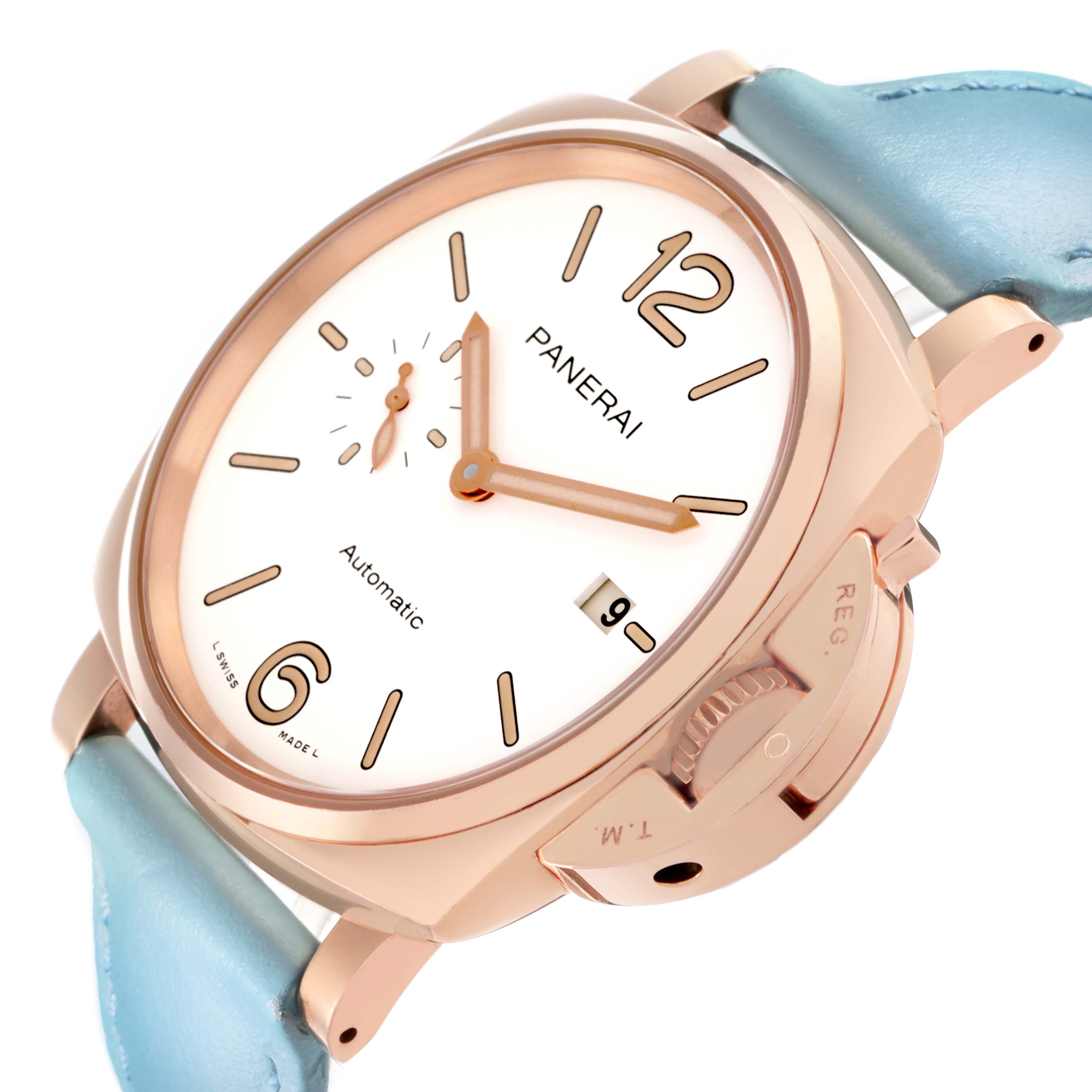 The image shows a Panerai Luminor PAM01042 Men's Rose Gold White Dial PAM01042 Men's Rose Gold White Dial watch at a slight angle, highlighting the dial, case, crown guard, and blue strap.