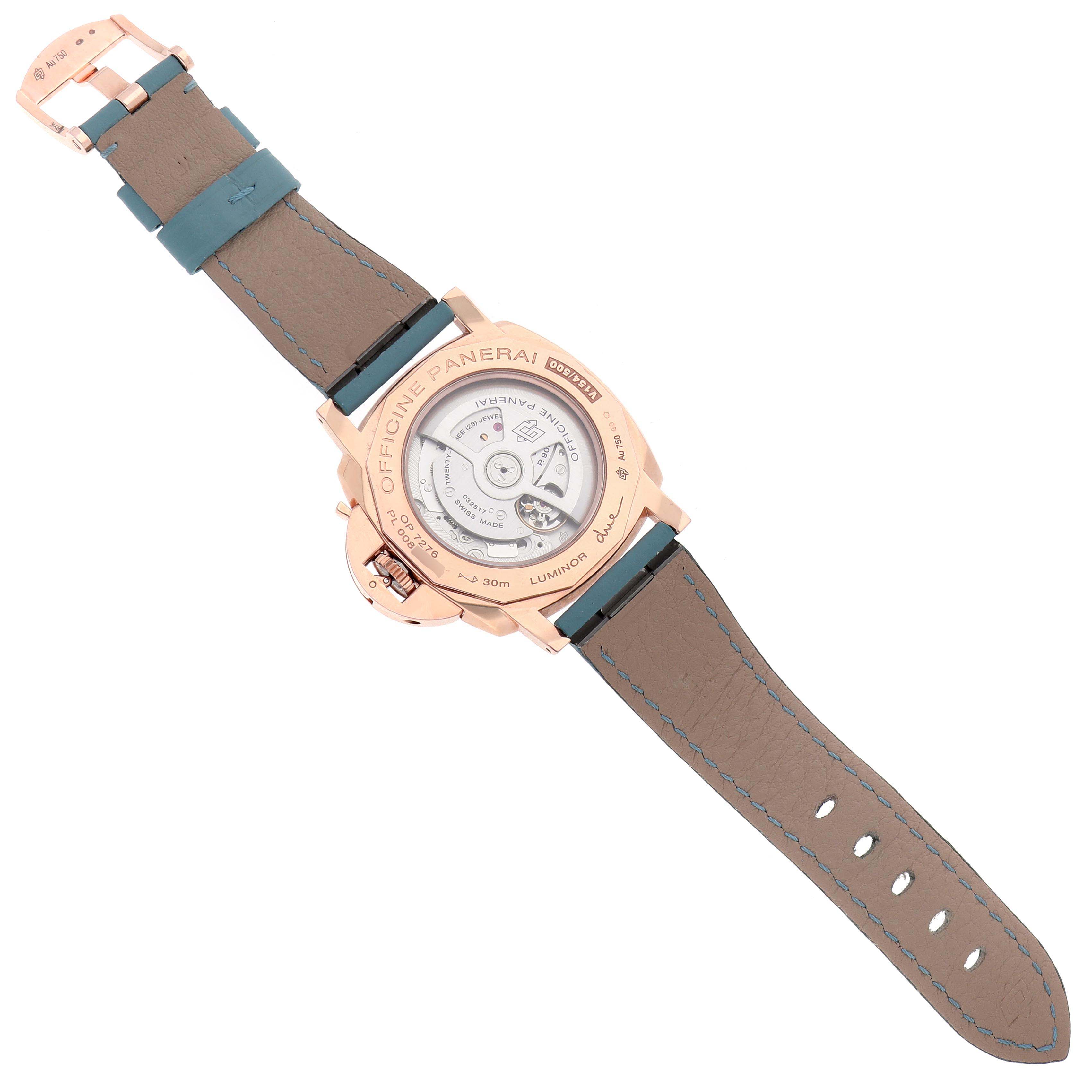 The image shows the back of a Panerai Luminor PAM01042 Men's Rose Gold White Dial PAM01042 Men's Rose Gold White Dial watch, highlighting its case, movement, and strap from a top-down angle.