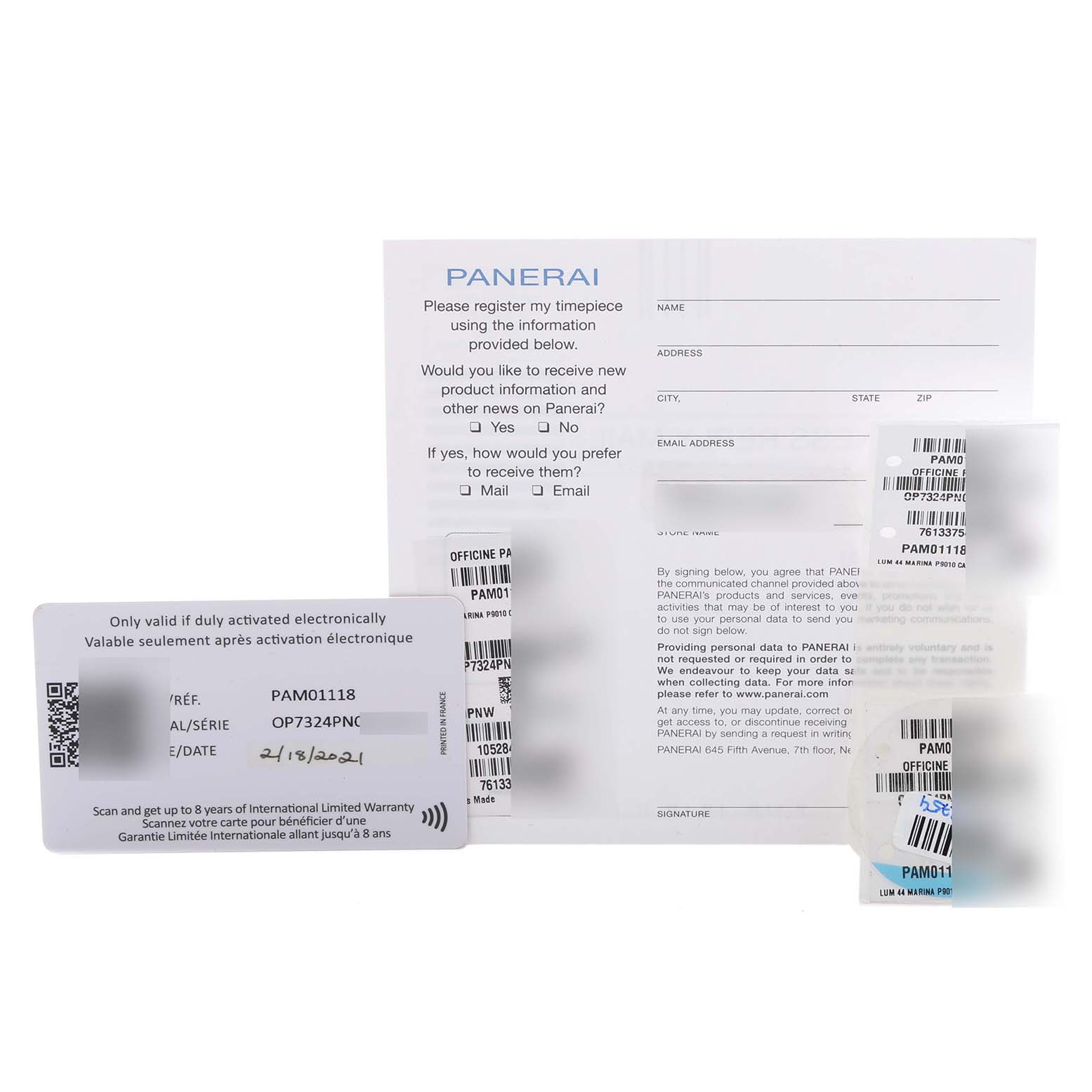 The image shows registration and warranty documents for the Panerai Luminor PAM01118 Men's Ceramic Black Dial PAM01118 Men's Ceramic Black Dial model, featuring a warranty card and instruction paperwork.