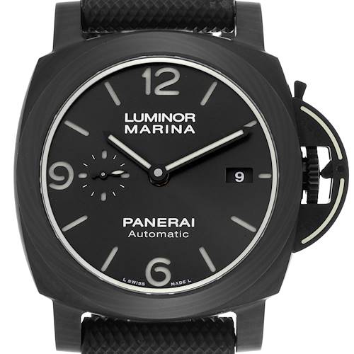 The Panerai Luminor watch is shown from a front angle, highlighting the dial, crown guard, and strap.