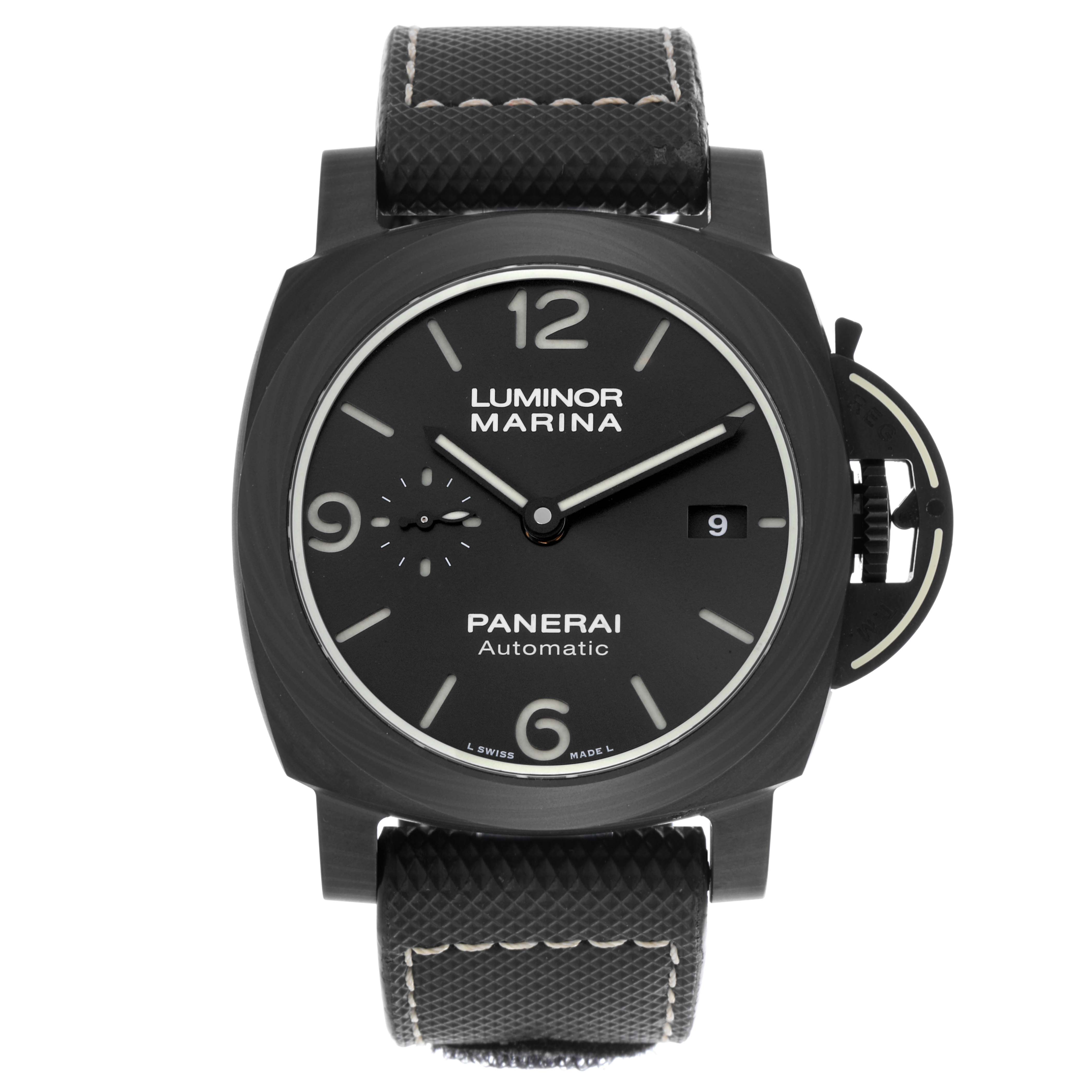 The Panerai Luminor PAM01118 Men's Ceramic Black Dial PAM01118 Men's Ceramic Black Dial watch is shown from the front, highlighting the dial, case, and crown guard.