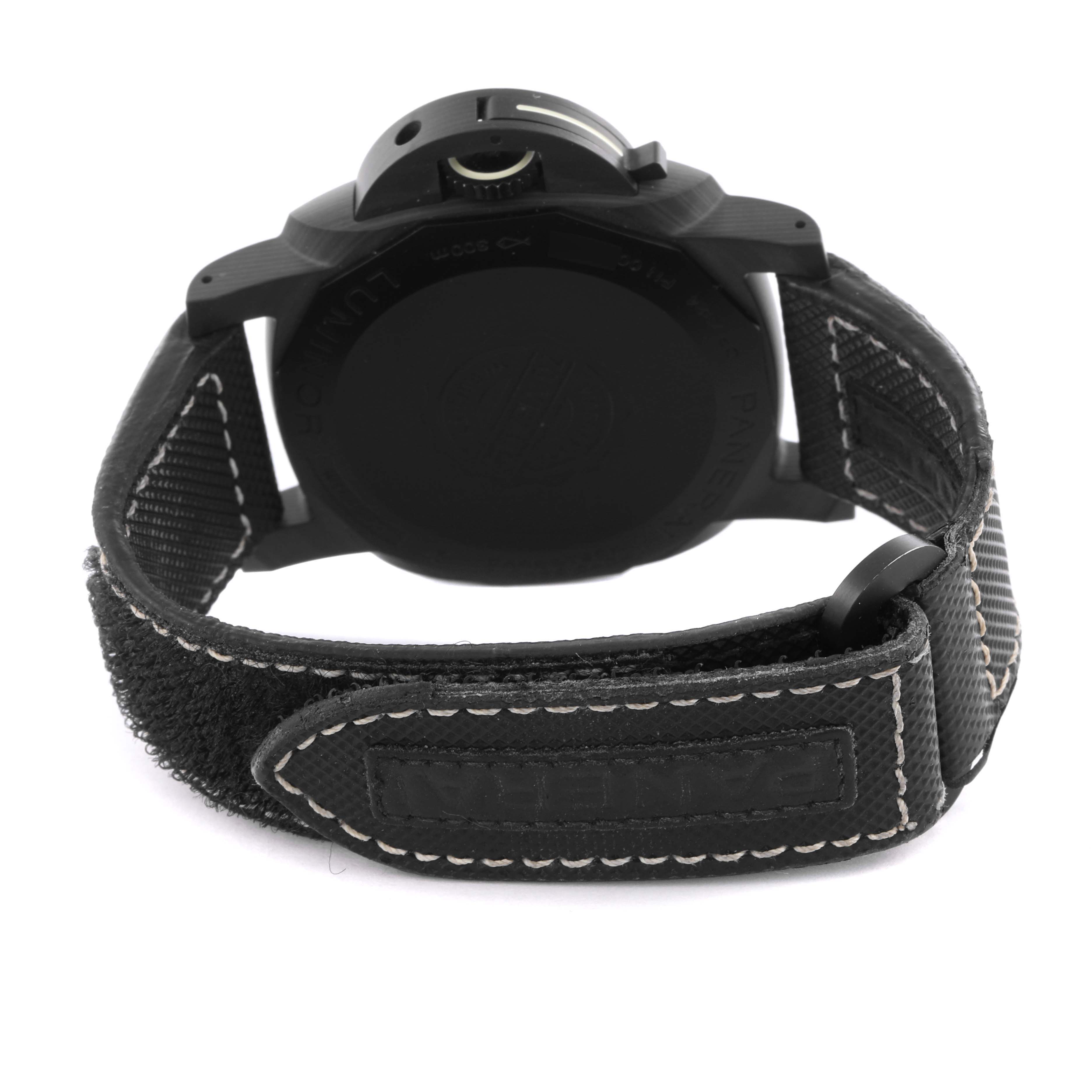 The image shows the back view of a Panerai Luminor PAM01118 Men's Ceramic Black Dial PAM01118 Men's Ceramic Black Dial watch, highlighting the case back and strap with visible stitching.