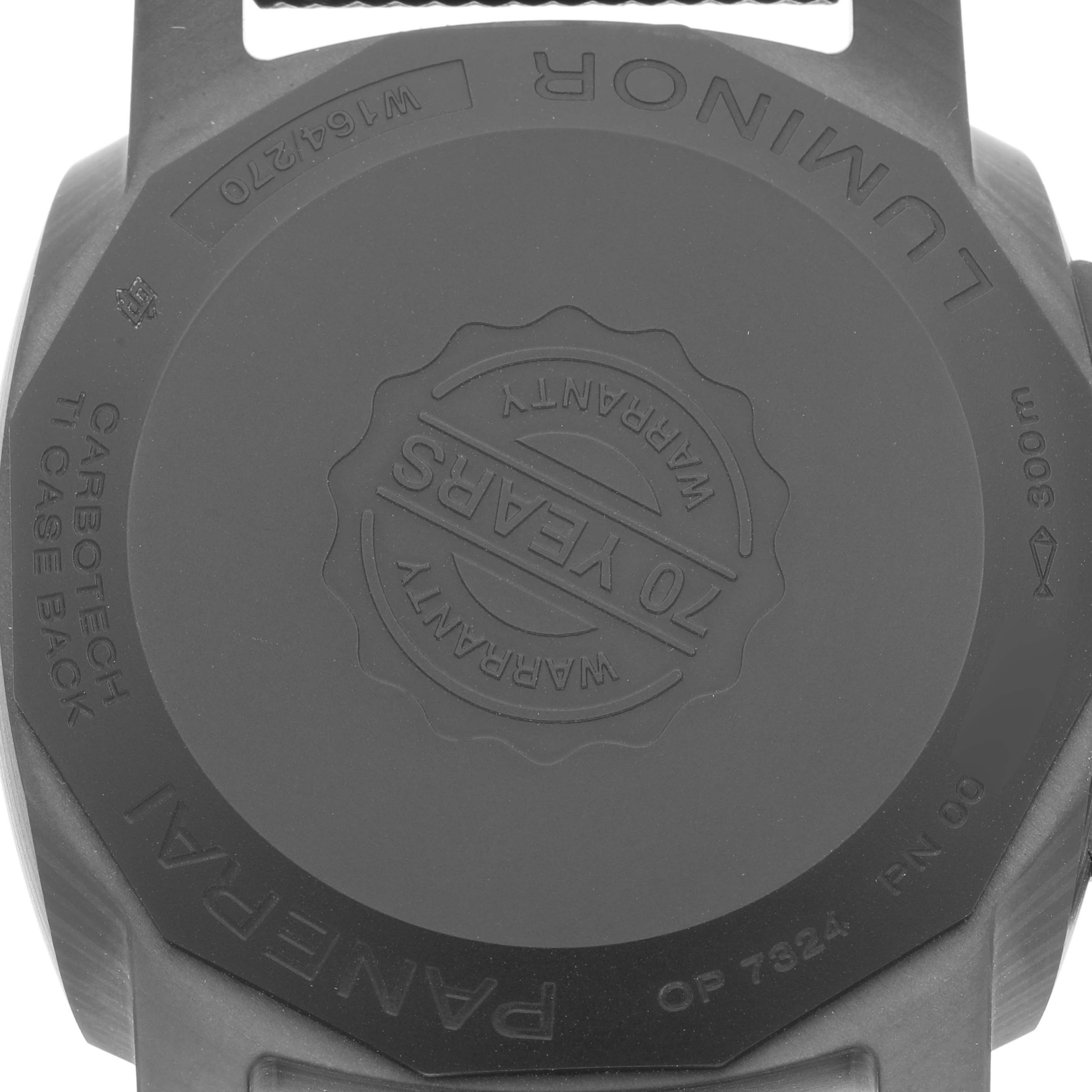 The image shows the case back of a Panerai Luminor PAM01118 Men's Ceramic Black Dial PAM01118 Men's Ceramic Black Dial watch, highlighting the warranty and material details.