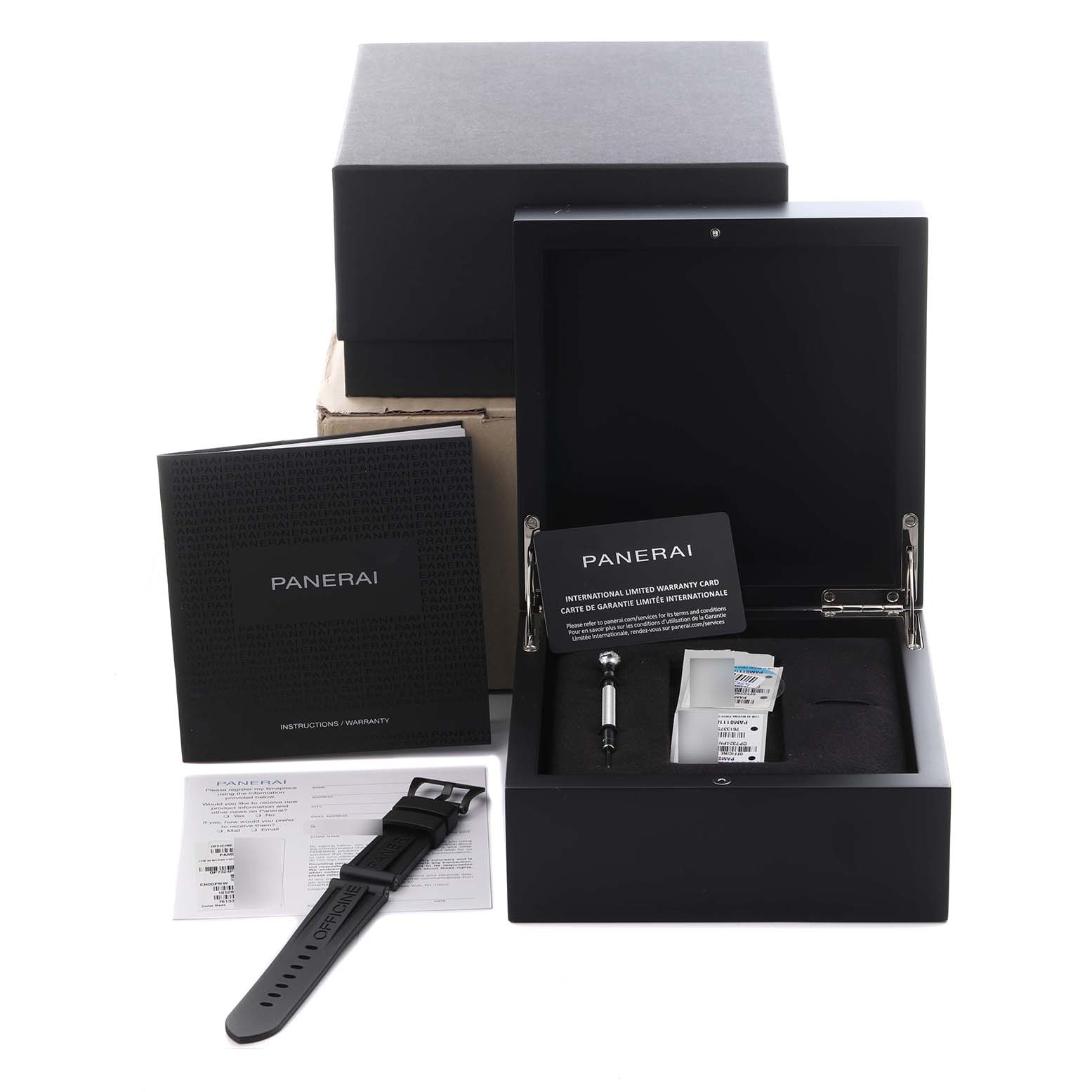 The image shows a Panerai Luminor PAM01118 Men's Ceramic Black Dial PAM01118 Men's Ceramic Black Dial watch box, extra strap, warranty card, and manual, viewed from the front.