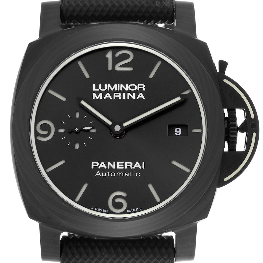 The Panerai Luminor watch is shown from the front, highlighting the dial, crown guard, and strap.