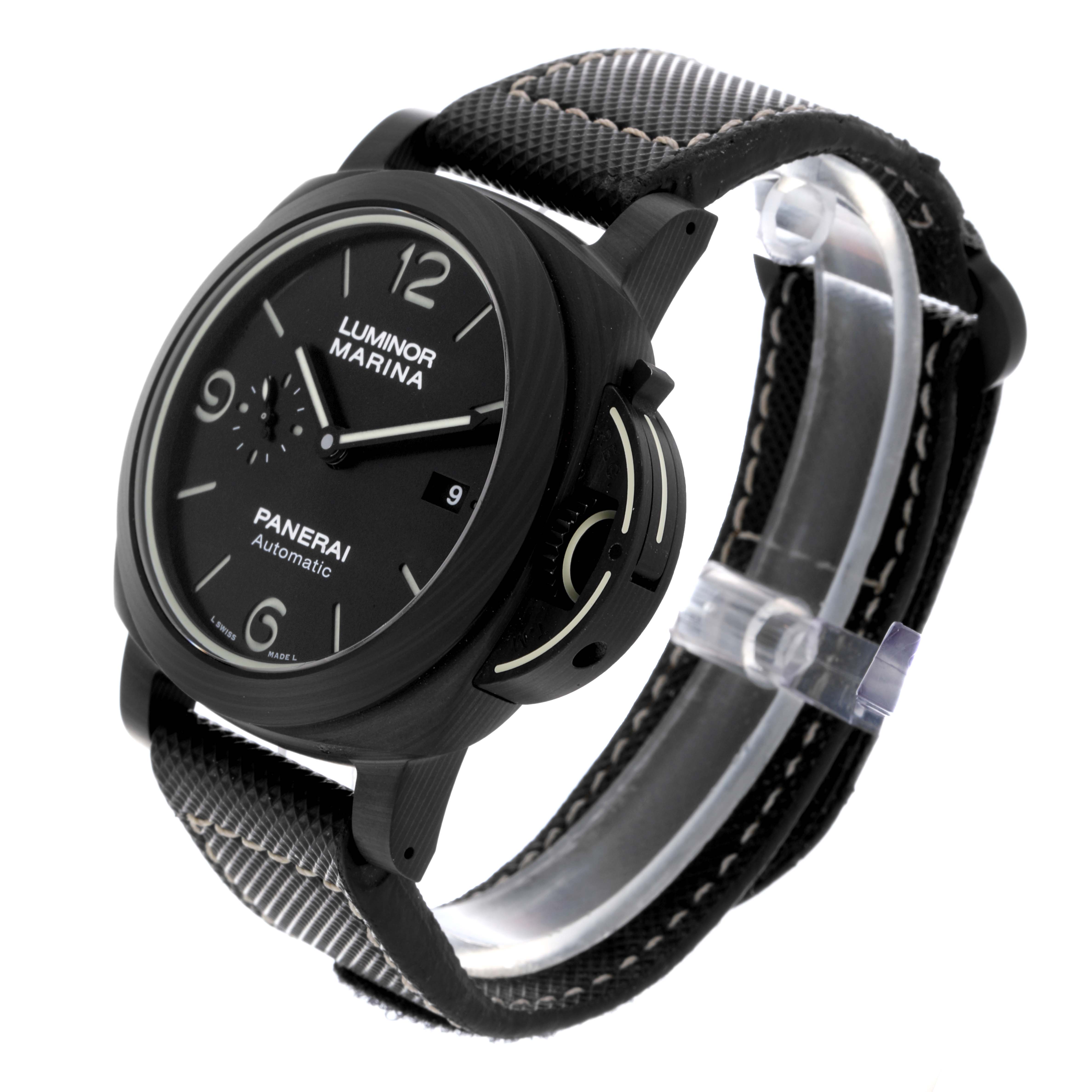 The image shows a Panerai Luminor PAM01118 Men's Ceramic Black Dial PAM01118 Men's Ceramic Black Dial watch from a front angle, highlighting the dial, strap, and crown guard.