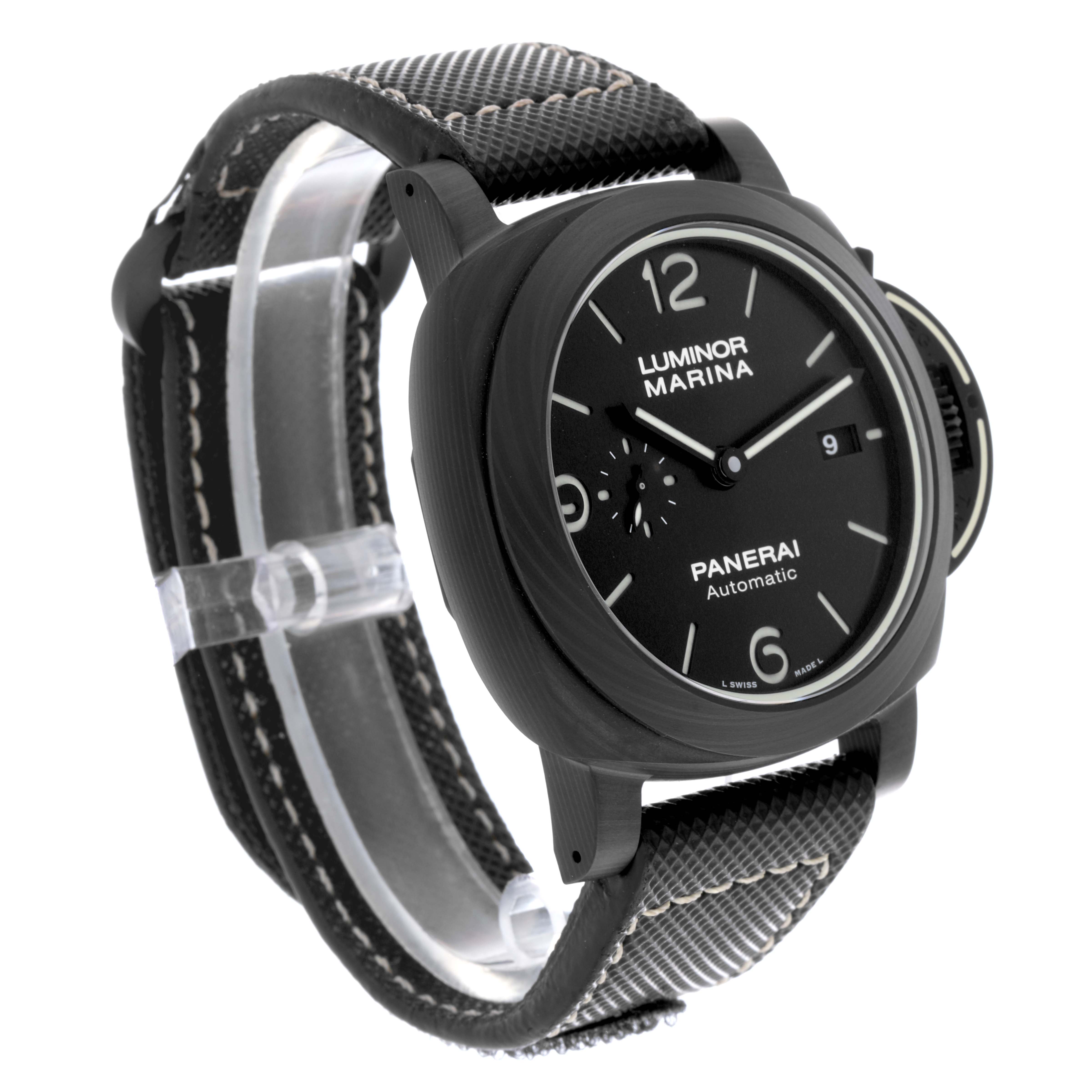 The Panerai Luminor PAM01118 Men's Ceramic Black Dial PAM01118 Men's Ceramic Black Dial watch is shown at a three-quarter angle, highlighting the face, case, and strap details.