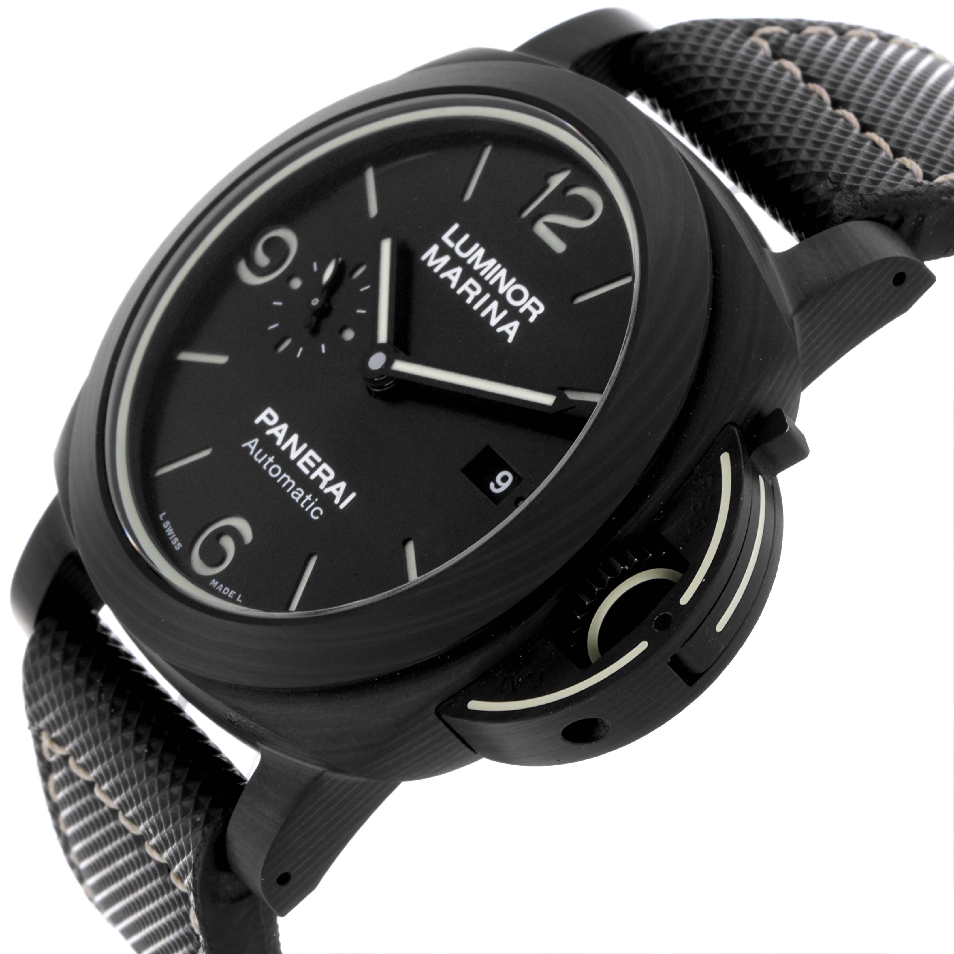 This image shows a side angle of the Panerai Luminor PAM01118 Men's Ceramic Black Dial PAM01118 Men's Ceramic Black Dial Marina, highlighting the case, dial, and strap.