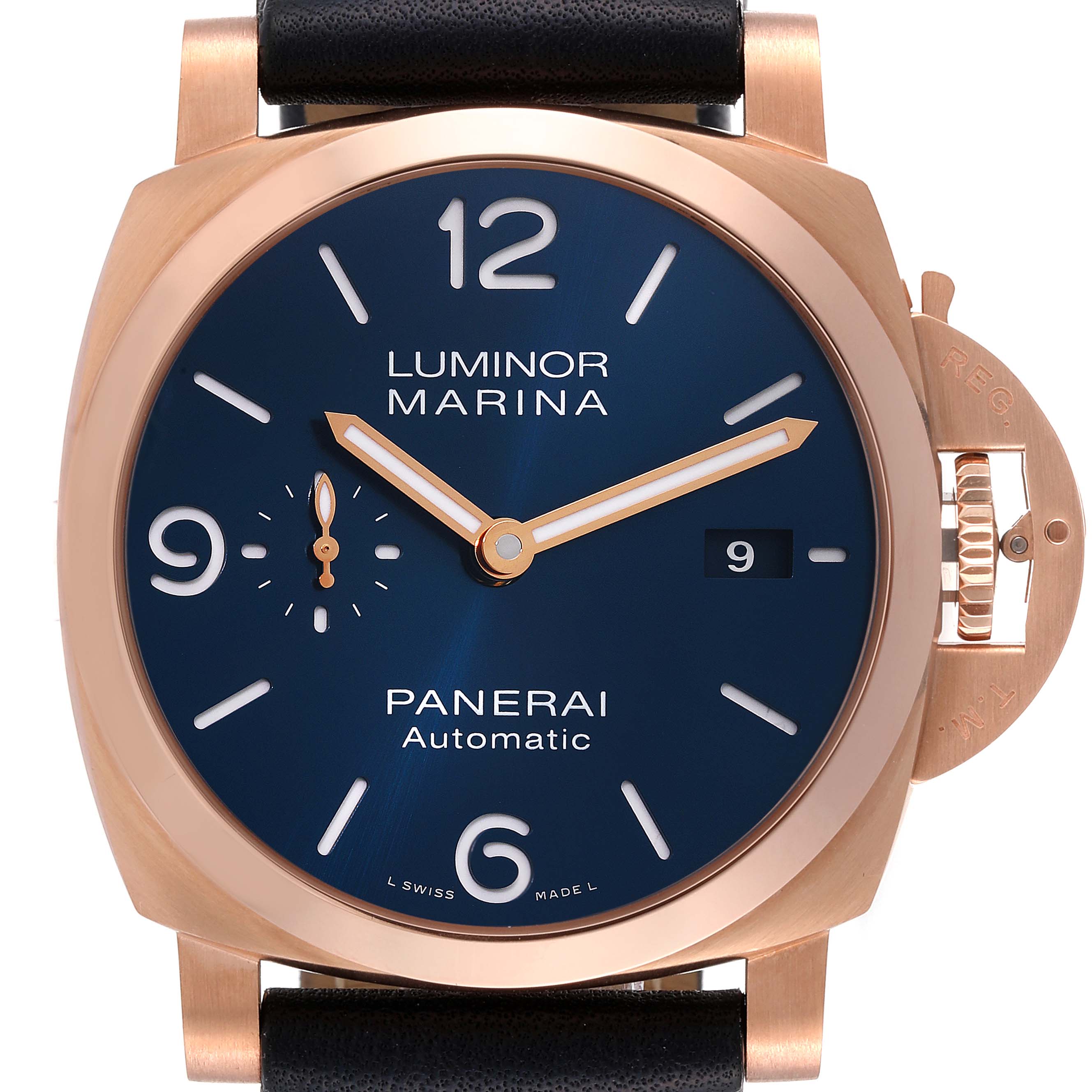This is a front view of a Panerai Luminor PAM01112 Men's Rose Gold Blue Dial PAM01112 Men's Rose Gold Blue Dial Marina watch, featuring a blue dial and rose gold case.
