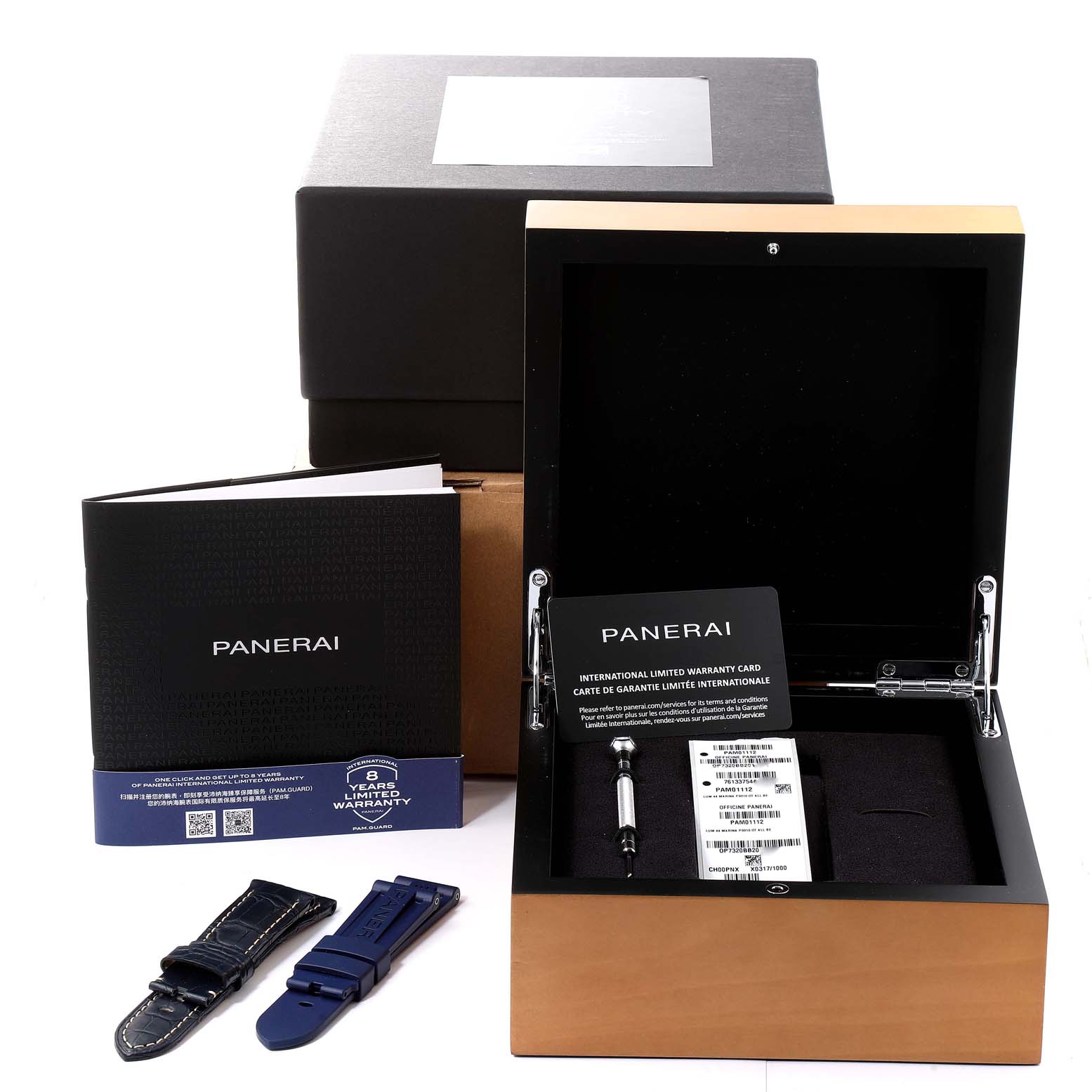 The image shows a Panerai Luminor PAM01112 Men's Rose Gold Blue Dial PAM01112 Men's Rose Gold Blue Dial watch box, warranty card, instruction manual, and additional straps at a front angle.
