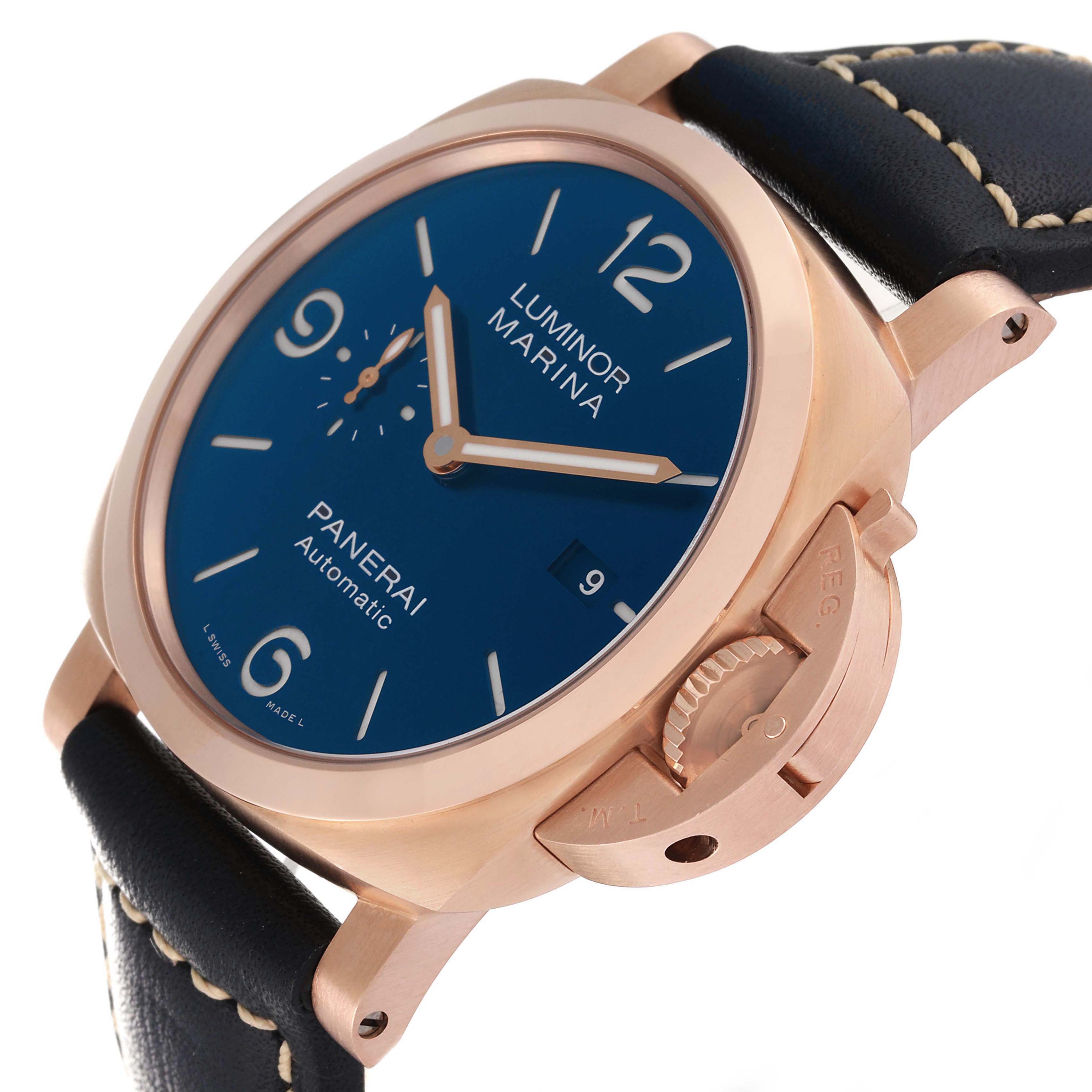 The image shows a Panerai Luminor PAM01112 Men's Rose Gold Blue Dial PAM01112 Men's Rose Gold Blue Dial Marina watch at an angle highlighting its blue dial, crown guard, and leather strap.