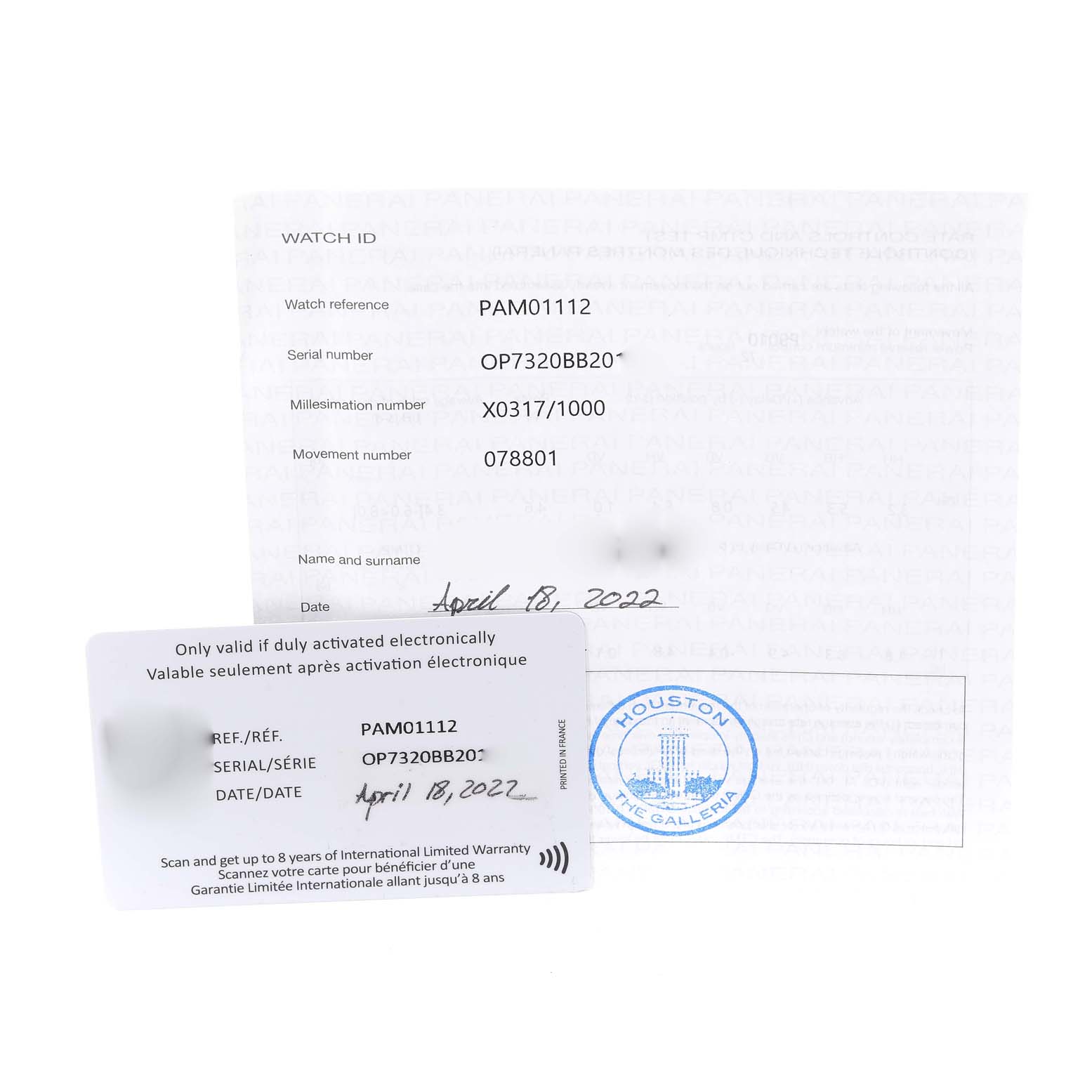 The image shows the warranty card and documentation for a Panerai Luminor PAM01112 Men's Rose Gold Blue Dial PAM01112 Men's Rose Gold Blue Dial model PAM01112.