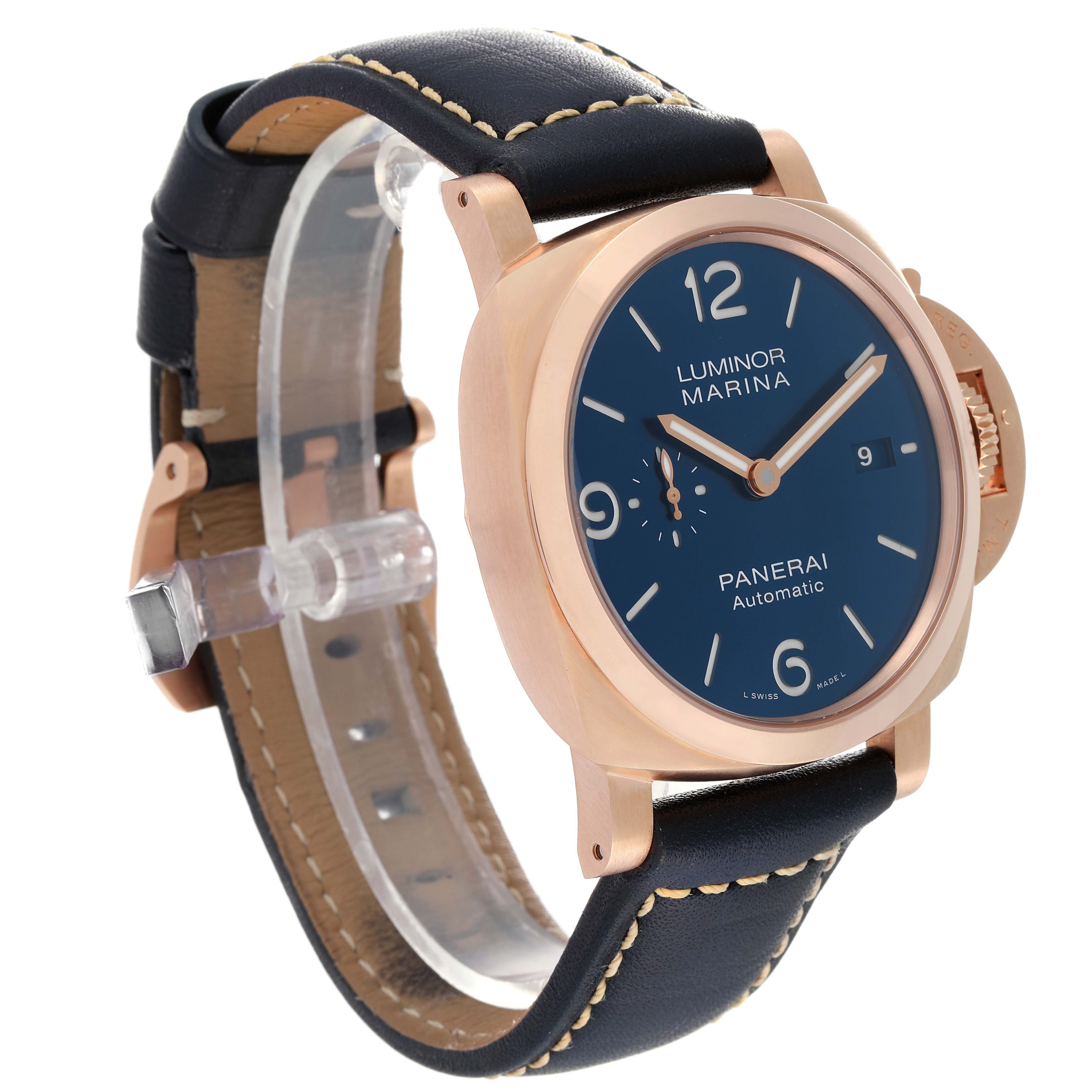 This image shows a side and front angle view of a Panerai Luminor PAM01112 Men's Rose Gold Blue Dial PAM01112 Men's Rose Gold Blue Dial model watch, highlighting the case, dial, and leather strap.