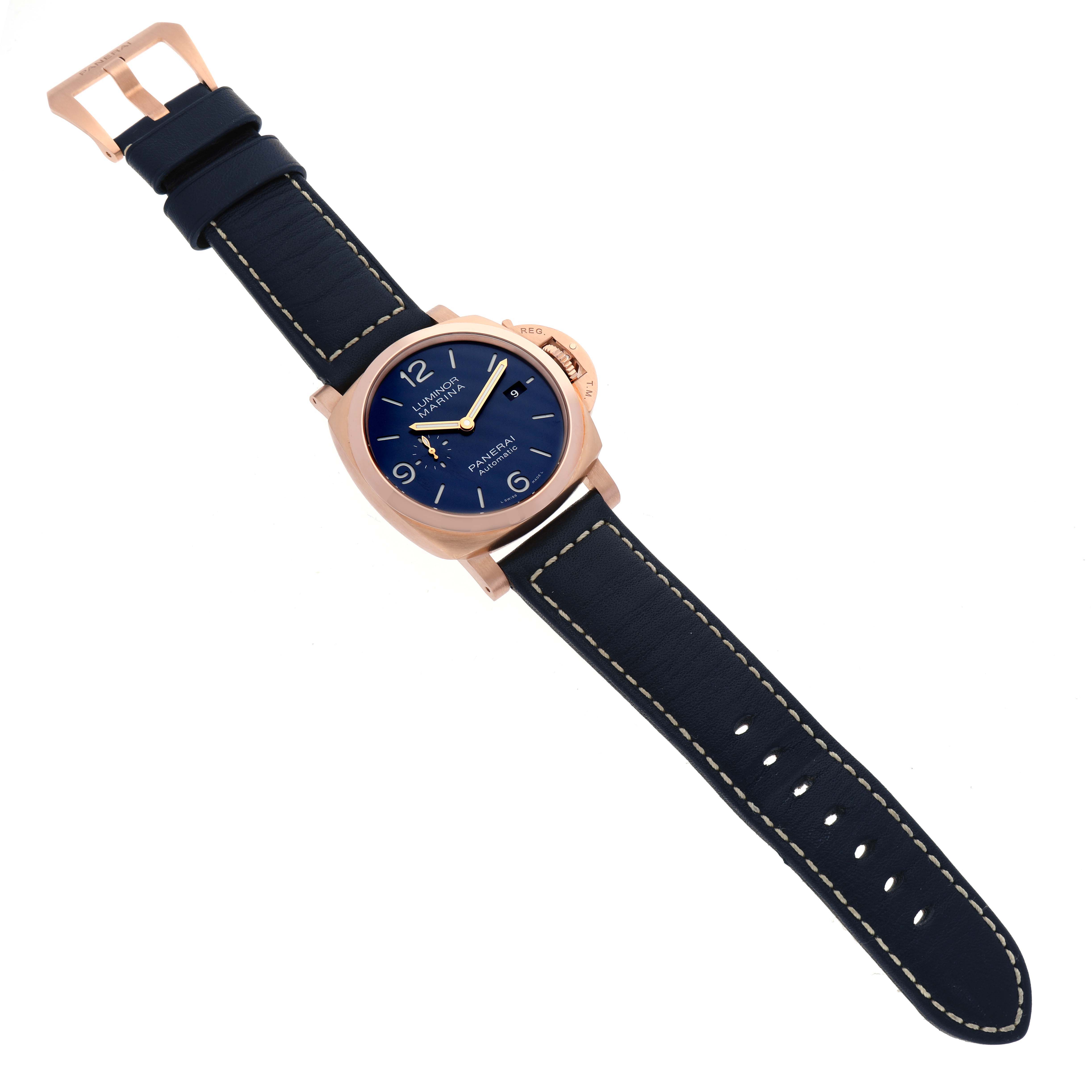 The image shows a top-down view of a Panerai Luminor PAM01112 Men's Rose Gold Blue Dial PAM01112 Men's Rose Gold Blue Dial watch, featuring its face, bezel, strap, buckle, and crown guard.