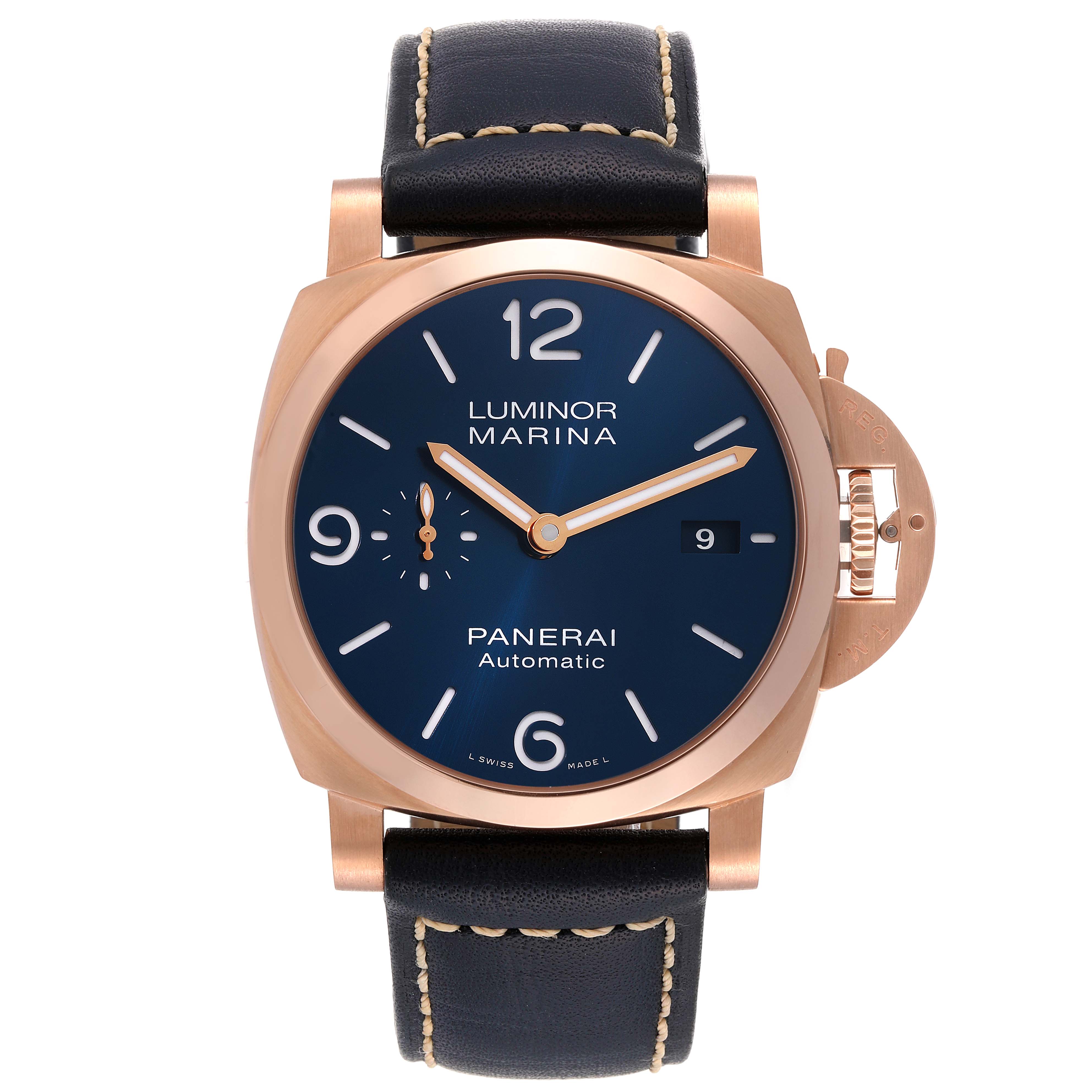 This is a front view of a Panerai Luminor PAM01112 Men's Rose Gold Blue Dial PAM01112 Men's Rose Gold Blue Dial Marina watch, showcasing the dial, case, strap, and crown protector.