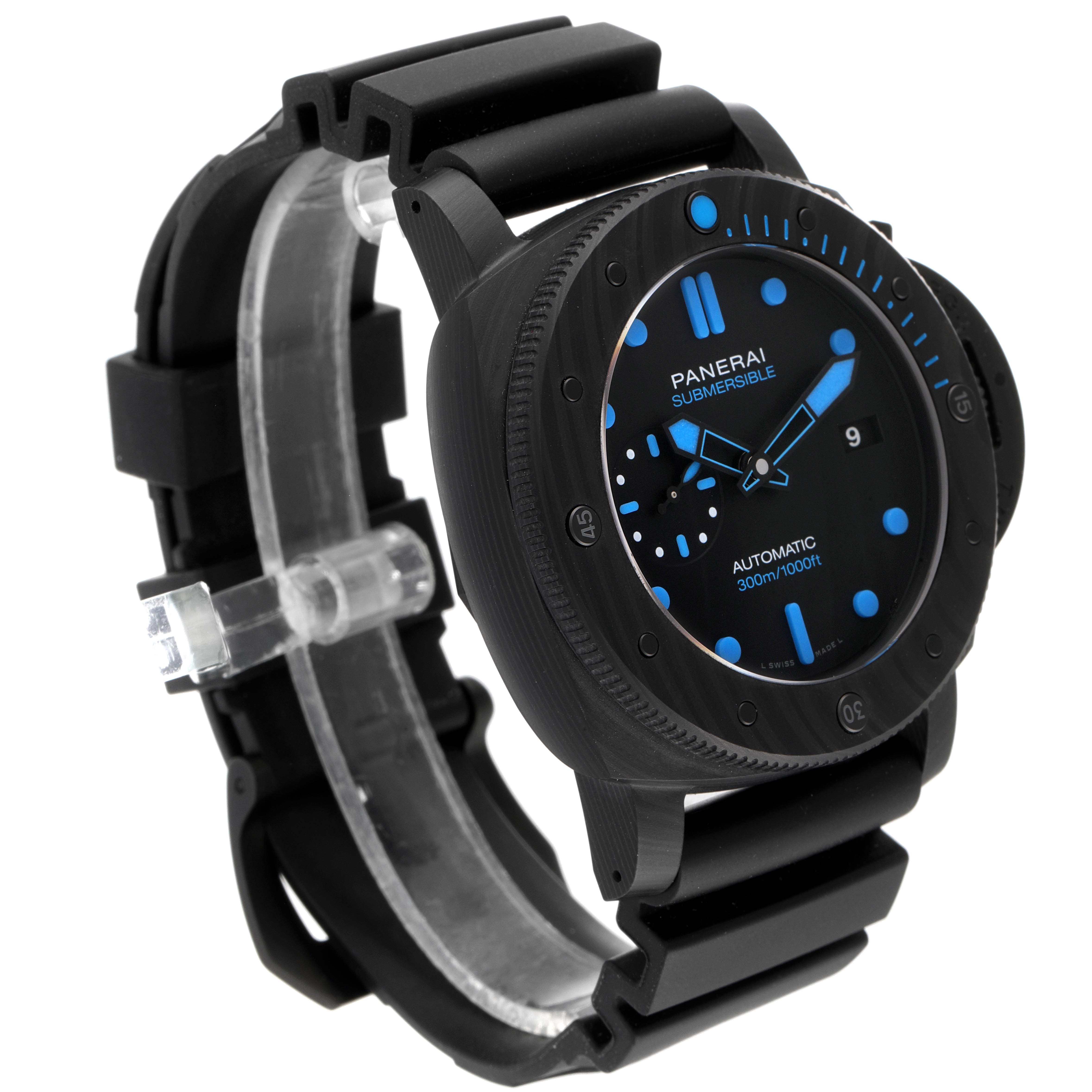 The Panerai Submersible PAM01616 Men's Ceramic Black Dial PAM01616 Men's Ceramic Black Dial watch is shown at a slight angle, highlighting its face, bezel, and rubber strap.