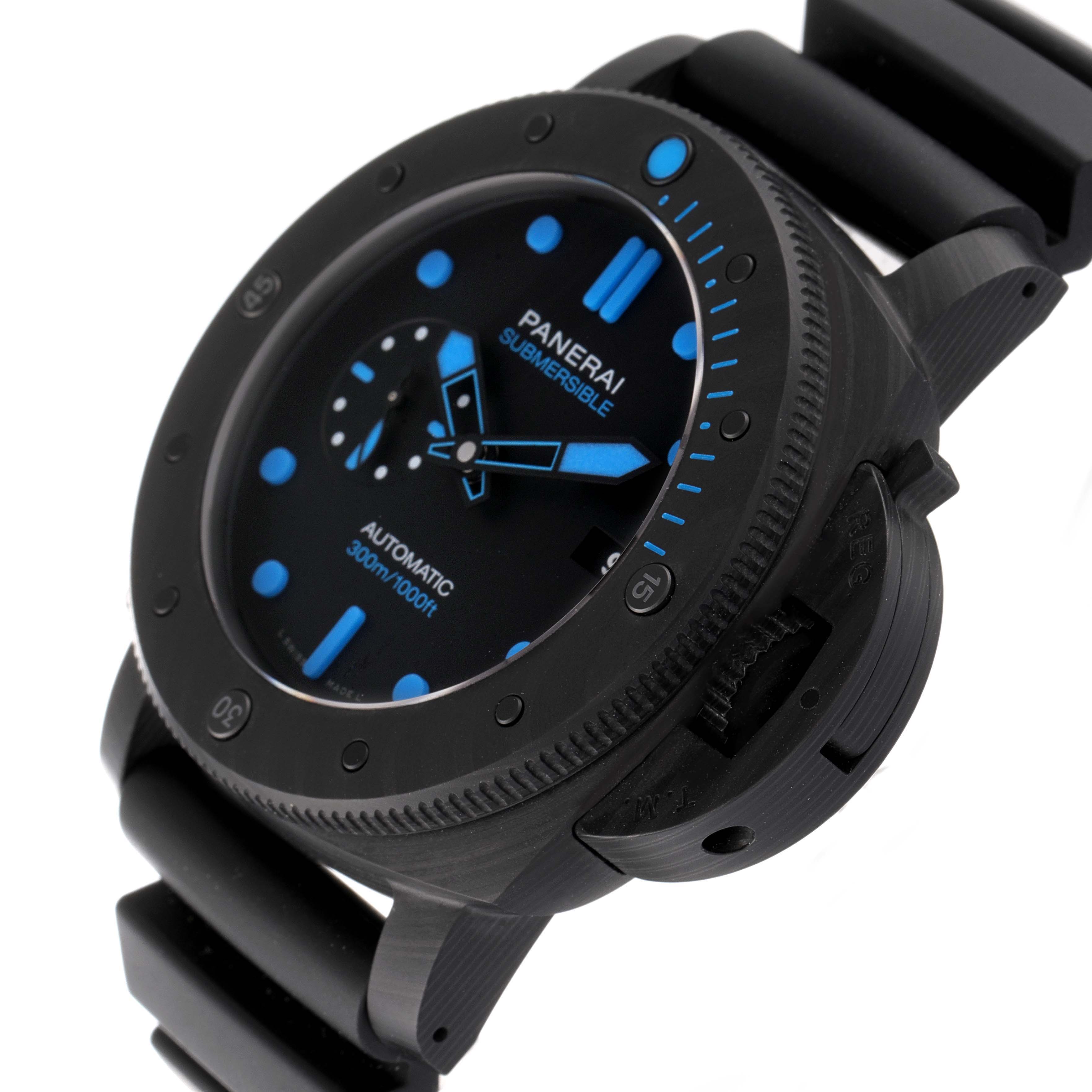 The image shows the Panerai Submersible PAM01616 Men's Ceramic Black Dial PAM01616 Men's Ceramic Black Dial watch at an angle focusing on the dial, bezel, case, and bracelet.