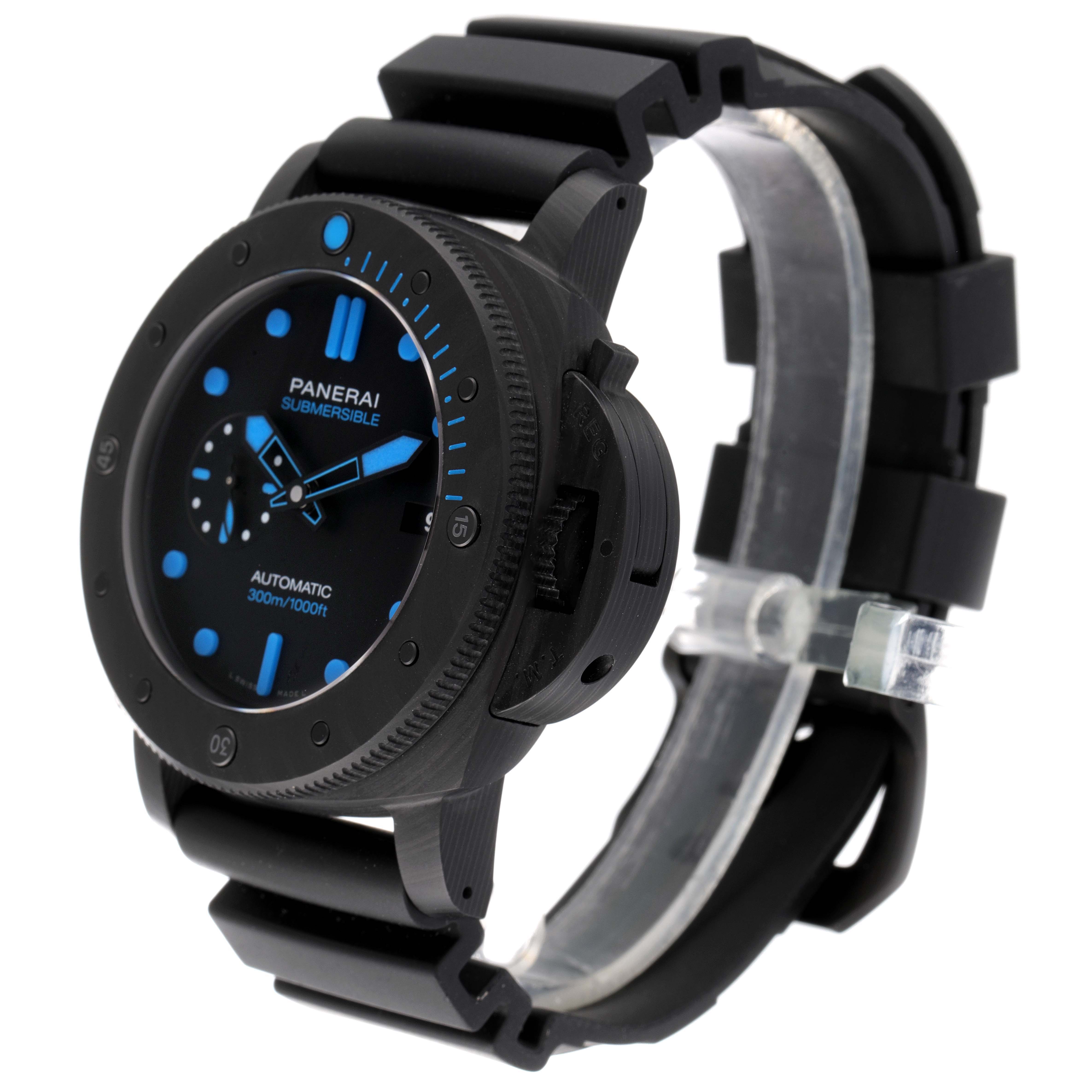 The image shows a Panerai Submersible PAM01616 Men's Ceramic Black Dial PAM01616 Men's Ceramic Black Dial watch at a slight angle, highlighting the face, bezel, and black strap.