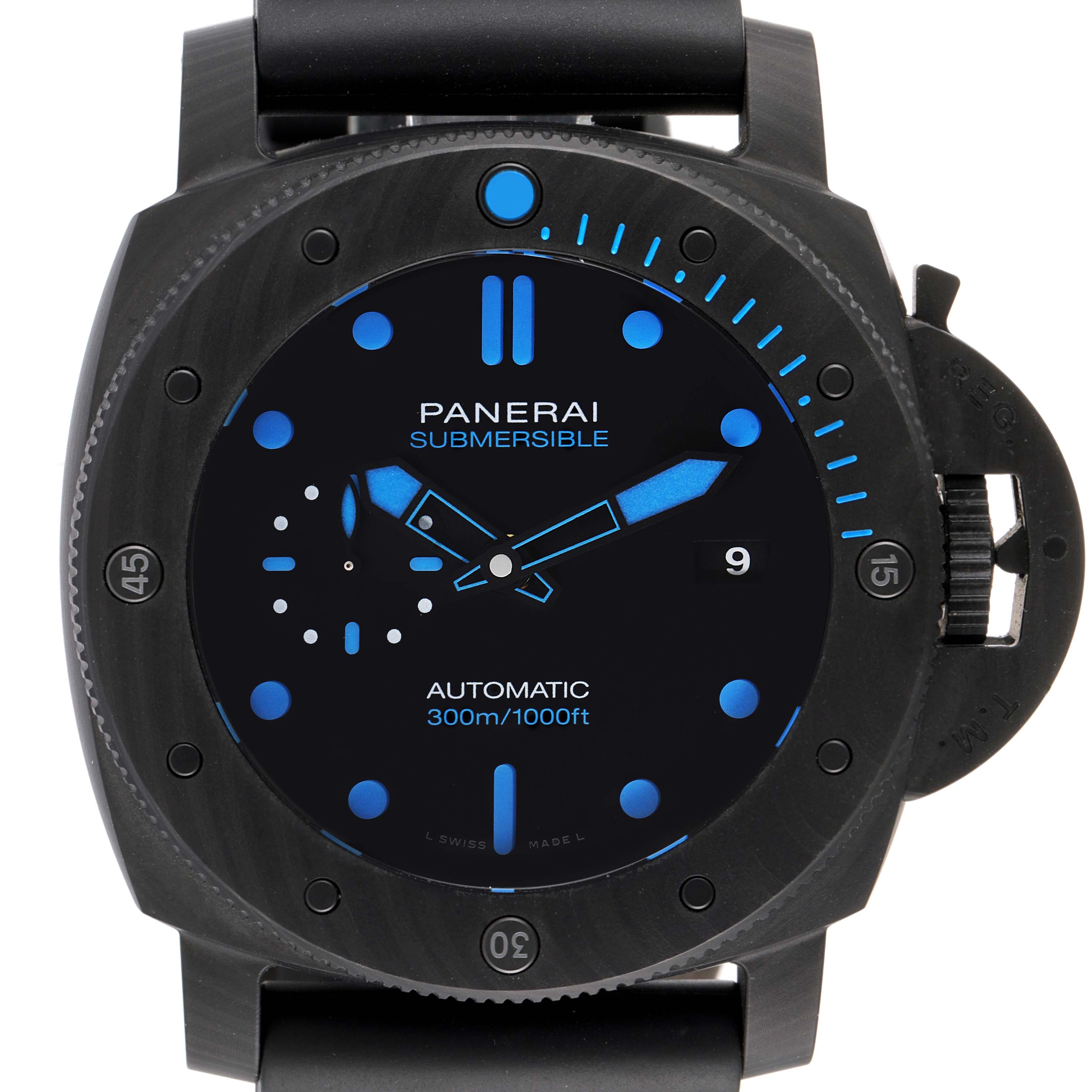 The image shows a front view of a Panerai Submersible PAM01616 Men's Ceramic Black Dial PAM01616 Men's Ceramic Black Dial watch displaying its dial, bezel, and strap.