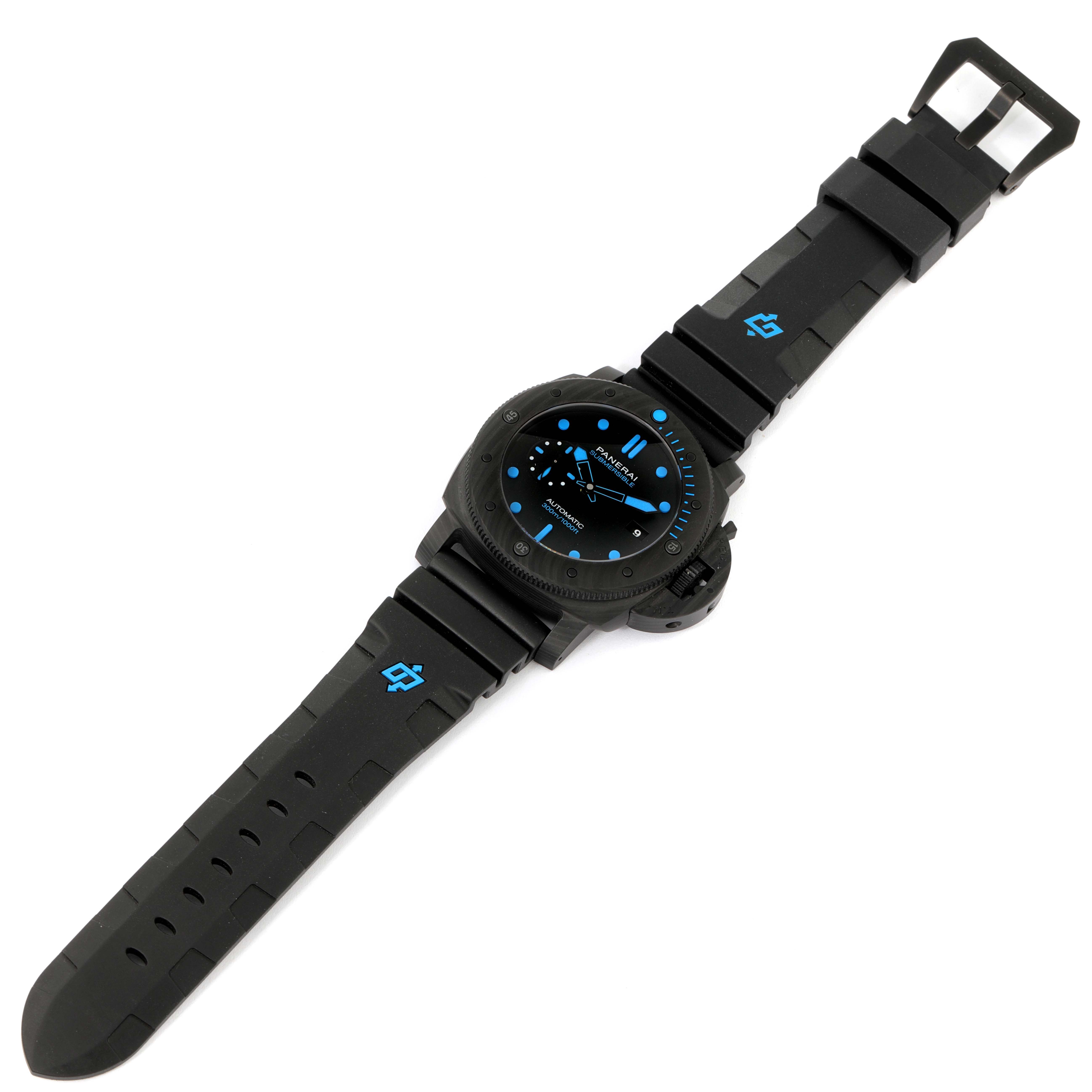 The image shows a Panerai Submersible PAM01616 Men's Ceramic Black Dial PAM01616 Men's Ceramic Black Dial watch laid flat from a top-down angle, displaying the strap, buckle, and watch face.