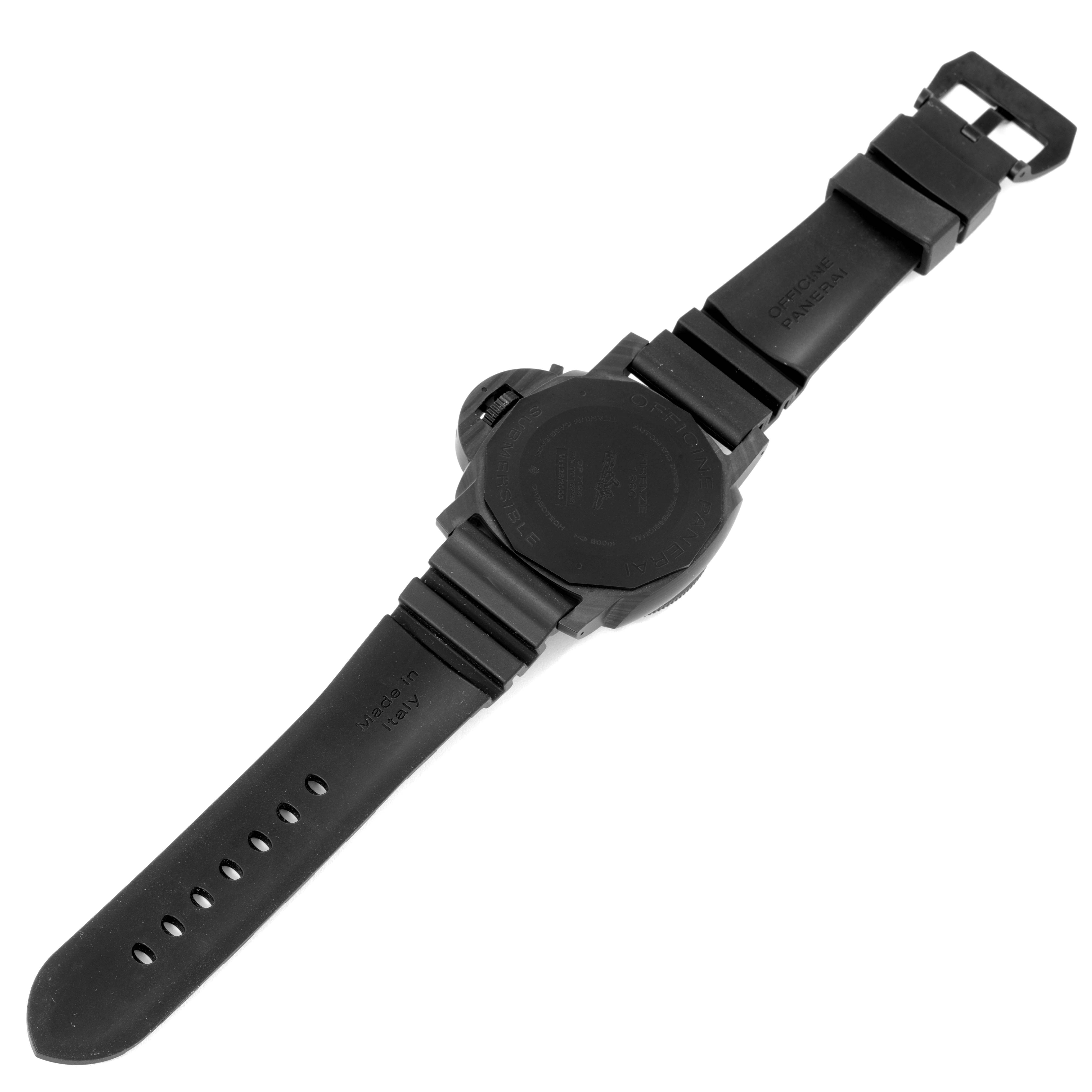 The image shows the back view of a Panerai Submersible PAM01616 Men's Ceramic Black Dial PAM01616 Men's Ceramic Black Dial watch, displaying the case back, strap, and buckle.