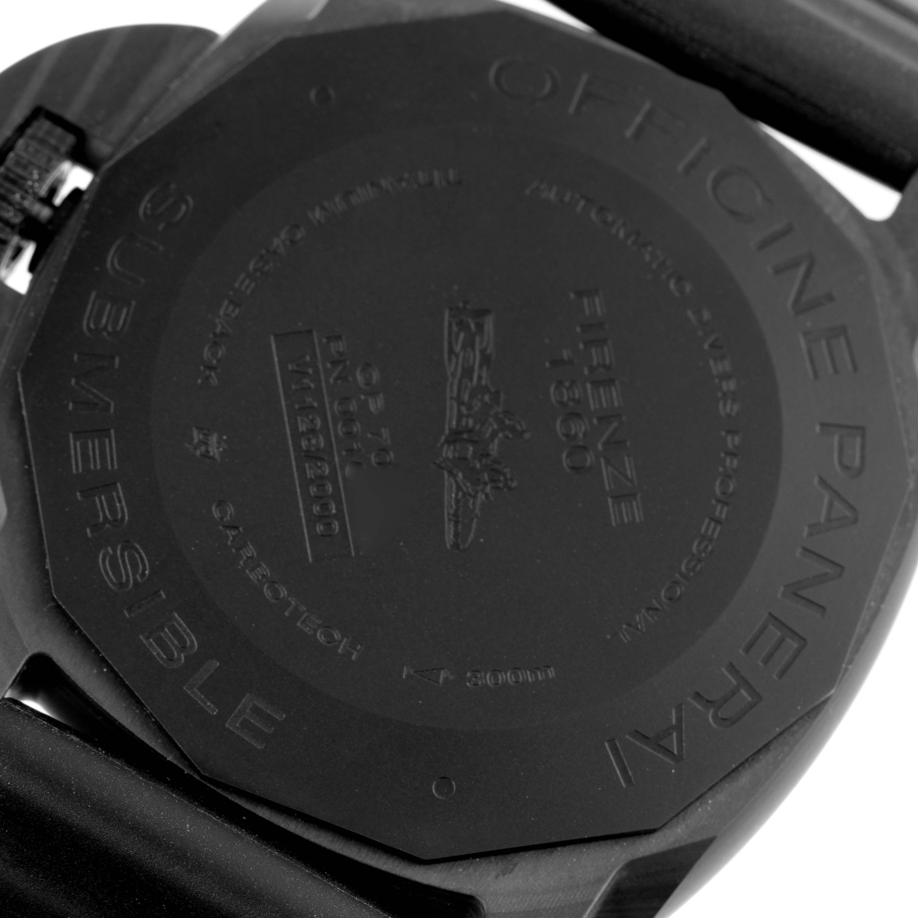 The image shows the back case of a Panerai Submersible PAM01616 Men's Ceramic Black Dial PAM01616 Men's Ceramic Black Dial watch, highlighting its engraved details and branding.