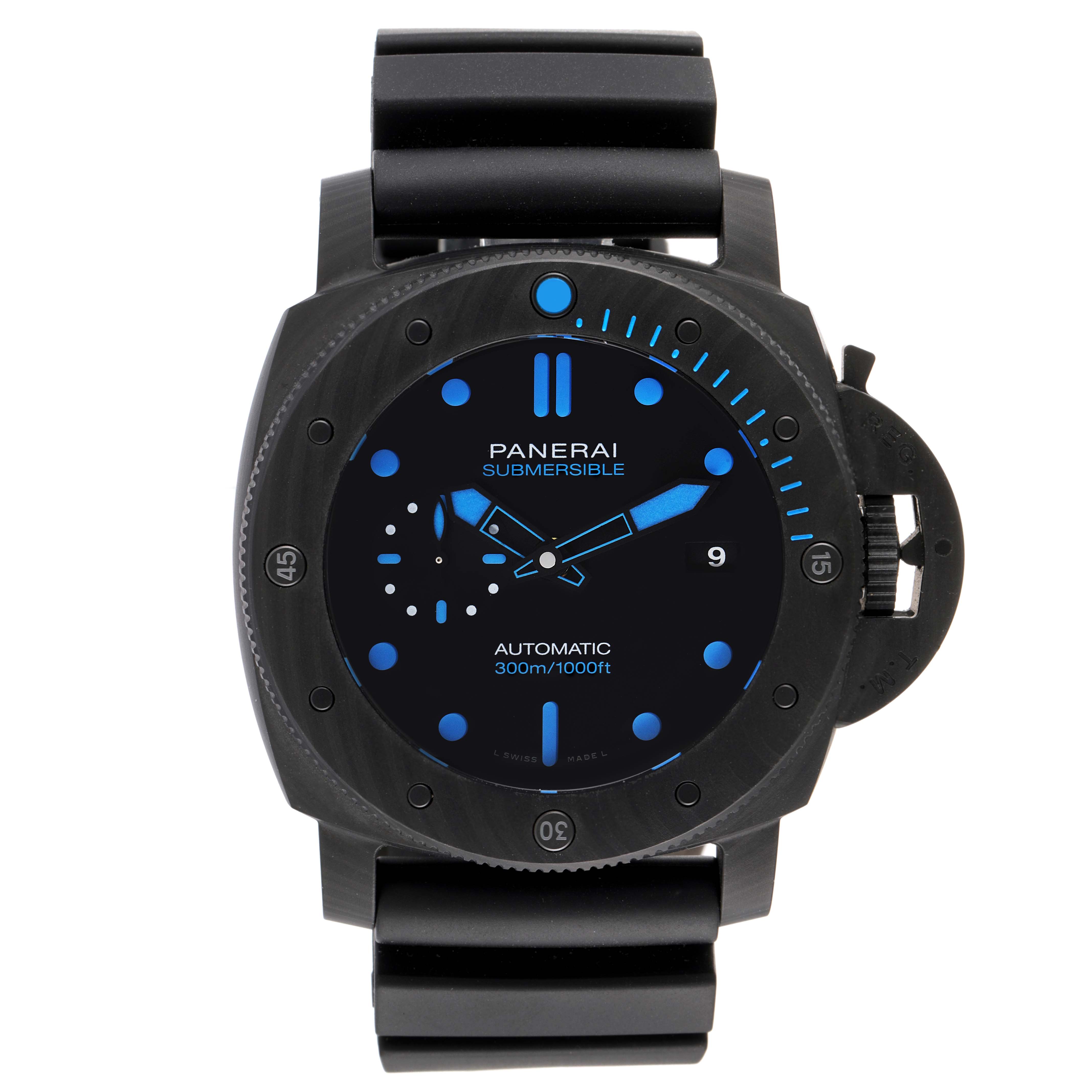 The image shows a front view of a Panerai Submersible PAM01616 Men's Ceramic Black Dial PAM01616 Men's Ceramic Black Dial watch, highlighting the dial, bezel, and strap.