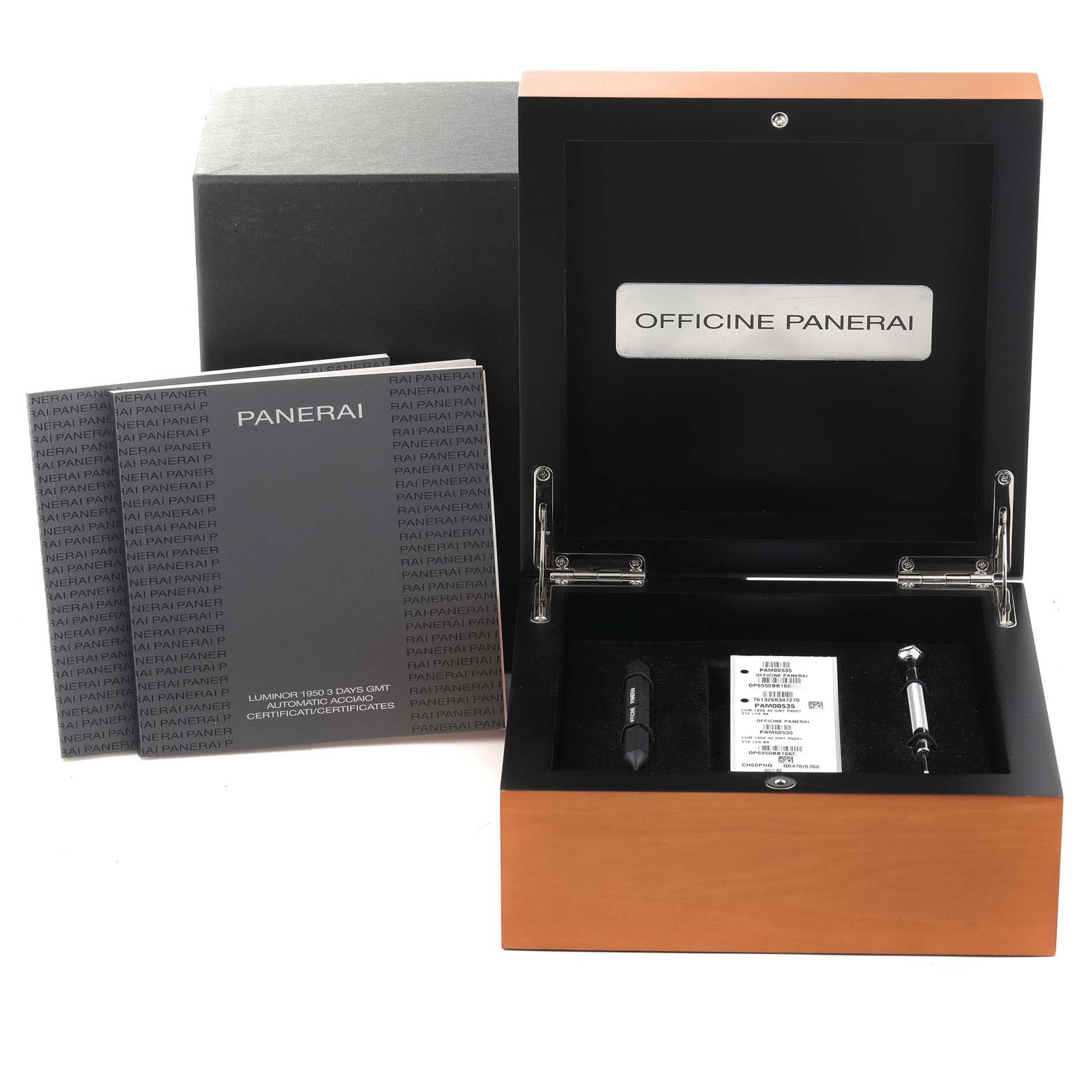 The image shows an open Panerai Luminor PAM00535 Men's Stainless Steel Black Dial PAM00535 Men's Stainless Steel Black Dial watch box with accessories and manuals, viewed from the front angle.