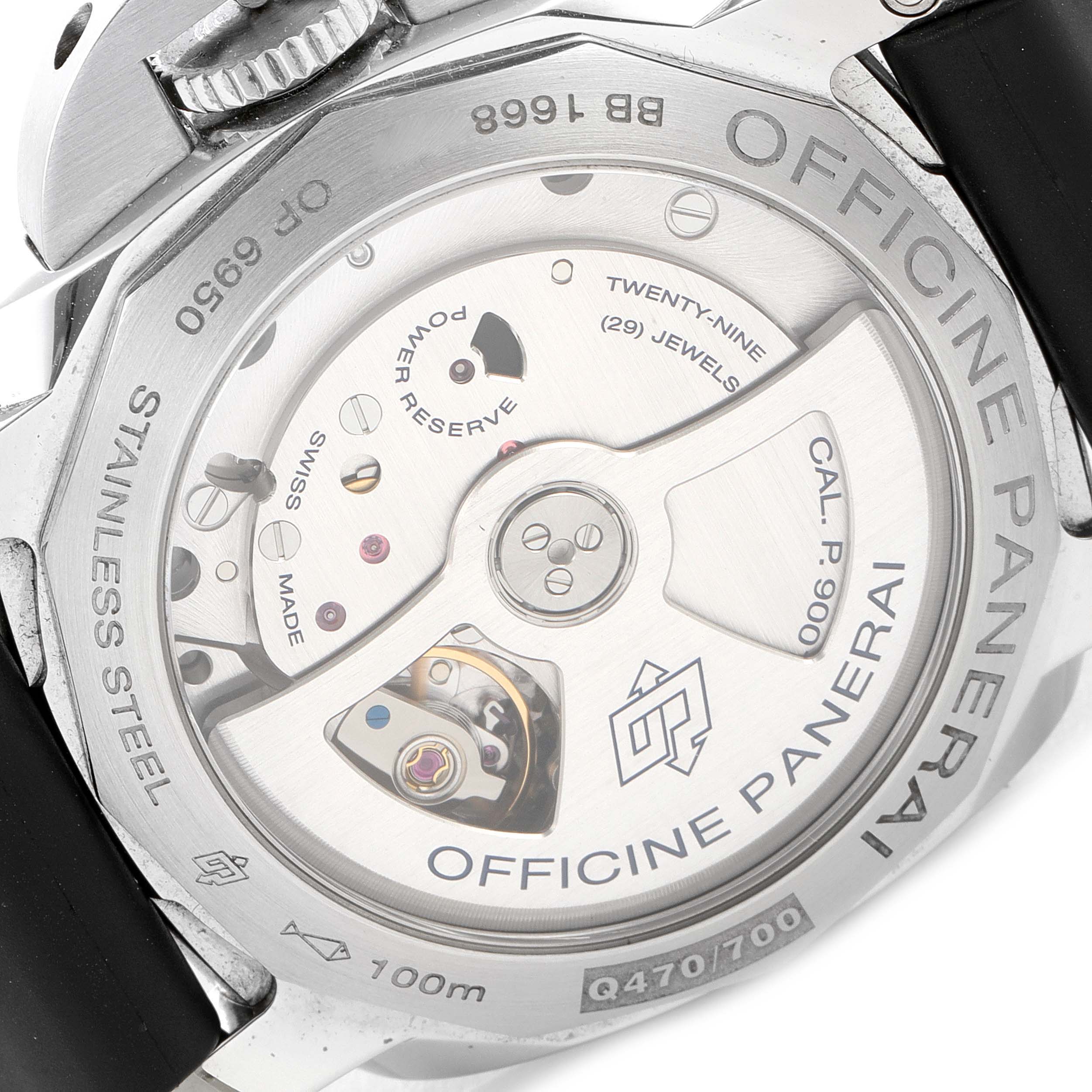 The image shows a close-up view of the back of the Panerai Luminor PAM00535 Men's Stainless Steel Black Dial PAM00535 Men's Stainless Steel Black Dial watch, highlighting its movement and inscriptions.