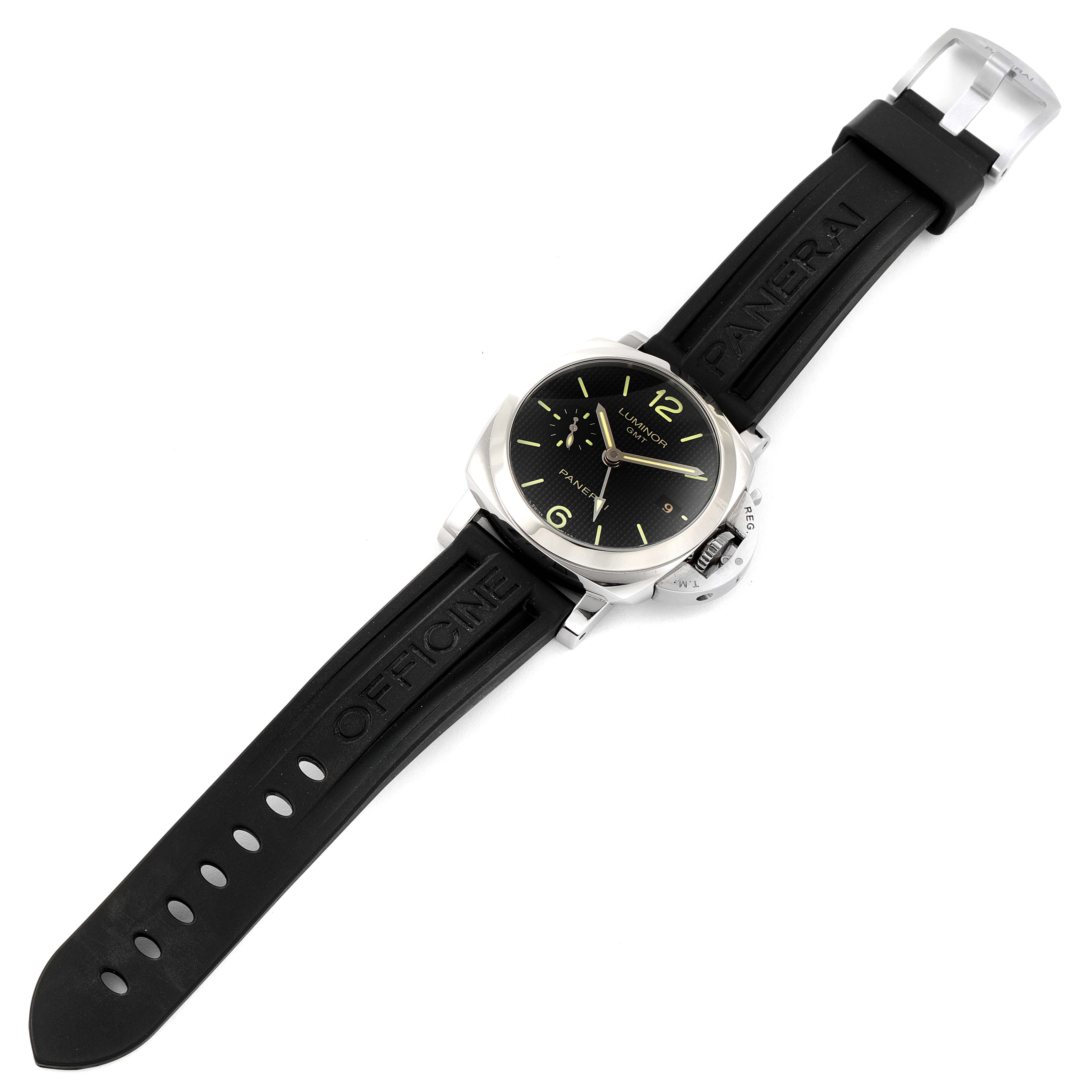 This image shows a Panerai Luminor PAM00535 Men's Stainless Steel Black Dial PAM00535 Men's Stainless Steel Black Dial watch from an overhead angle, highlighting its black dial, and black rubber strap with the buckle.