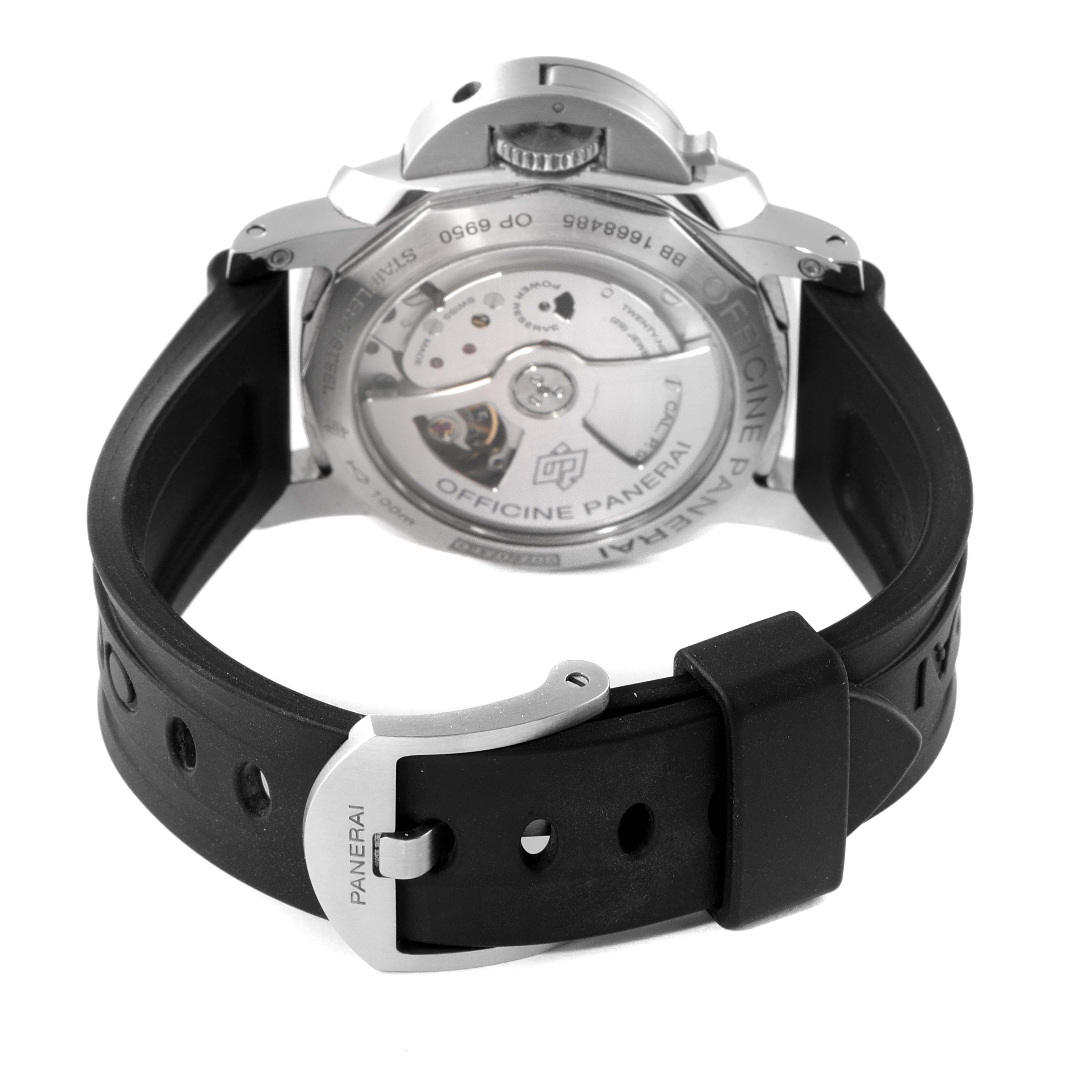 The image shows the back view of the Panerai Luminor PAM00535 Men's Stainless Steel Black Dial PAM00535 Men's Stainless Steel Black Dial watch, highlighting the transparent case back and black rubber strap.