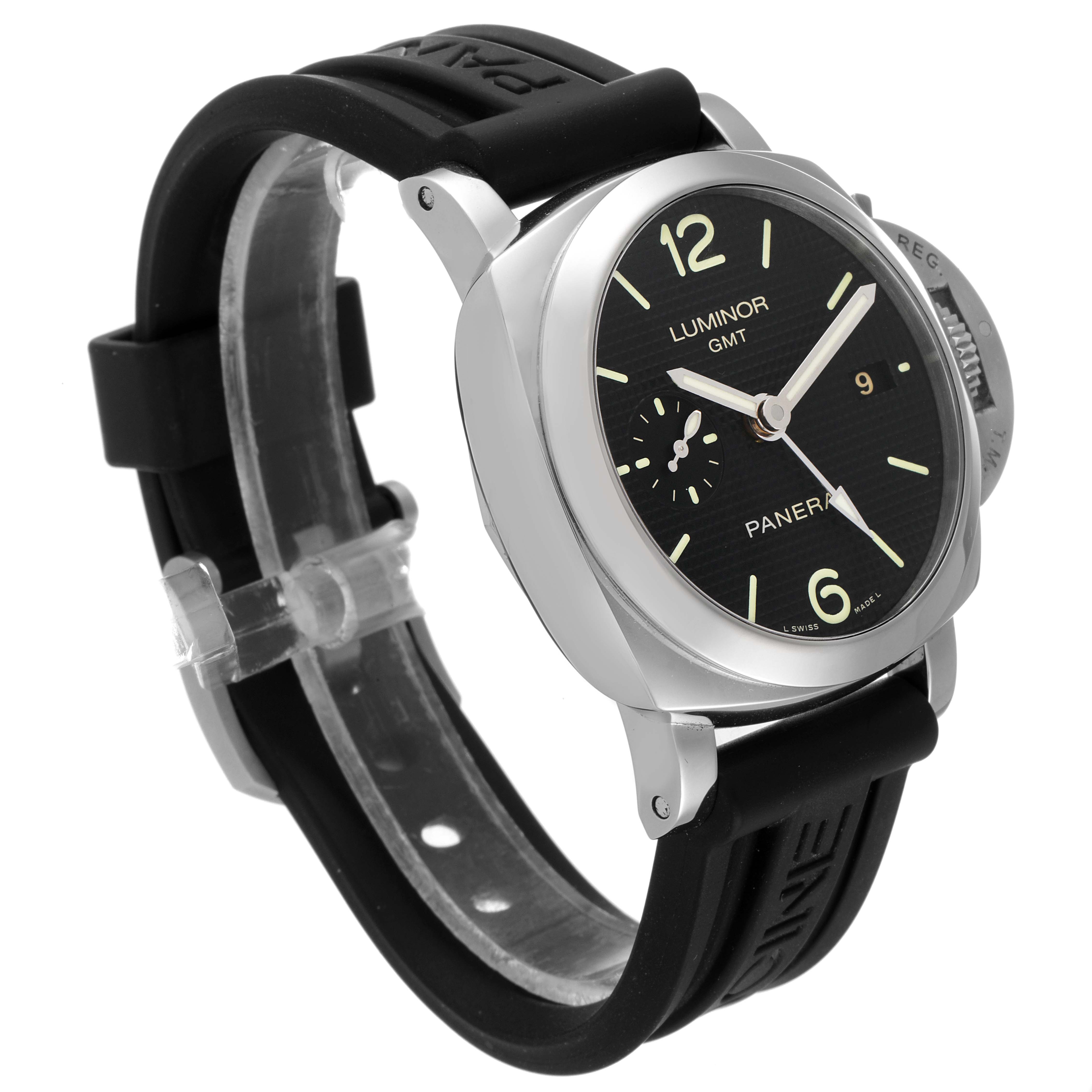 The image shows a Panerai Luminor PAM00535 Men's Stainless Steel Black Dial PAM00535 Men's Stainless Steel Black Dial GMT watch at a three-quarter angle, highlighting the face, bezel, crown guard, and black strap.