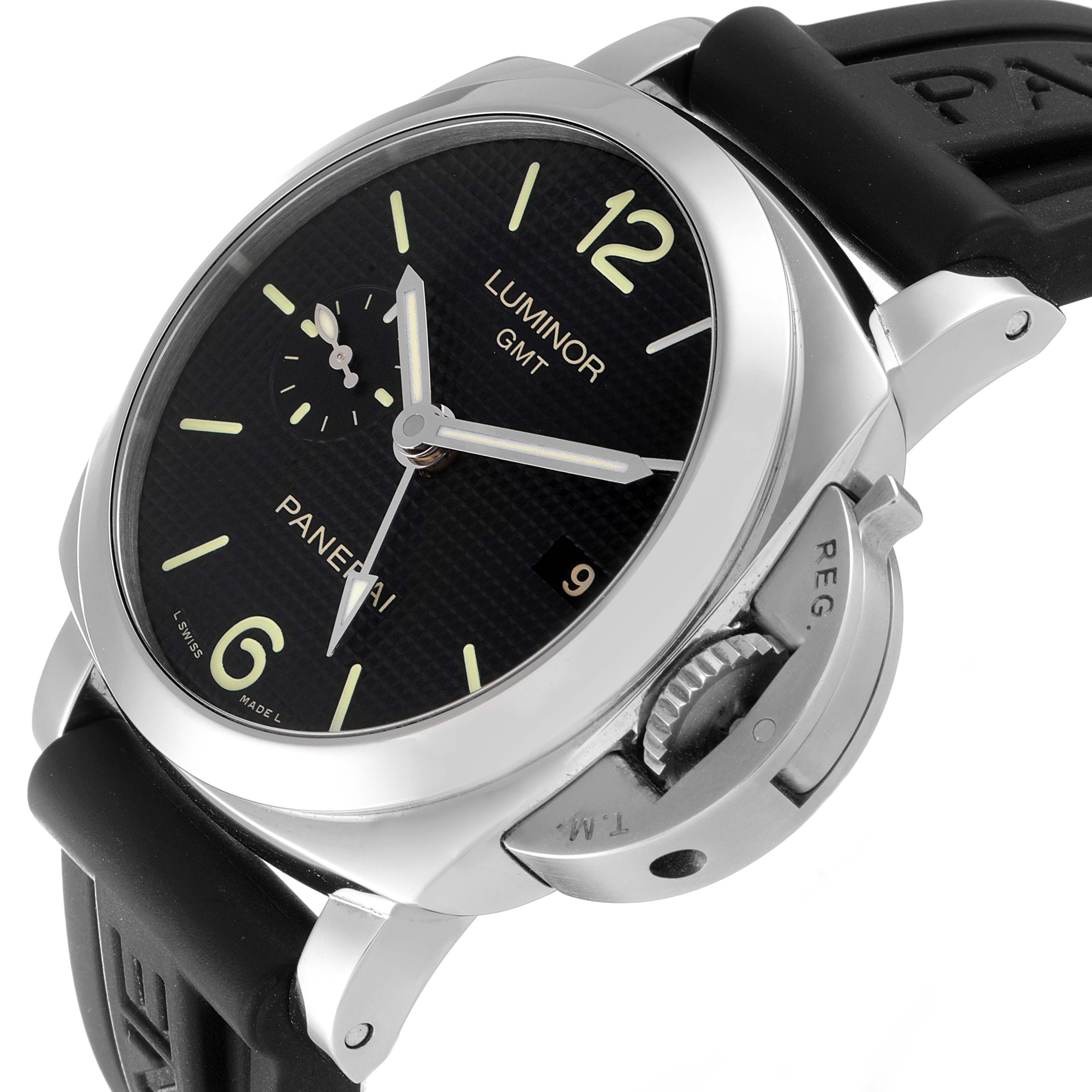 This image shows a Panerai Luminor PAM00535 Men's Stainless Steel Black Dial PAM00535 Men's Stainless Steel Black Dial GMT watch in an angled view, highlighting the face, bezel, crown guard, and part of the strap.