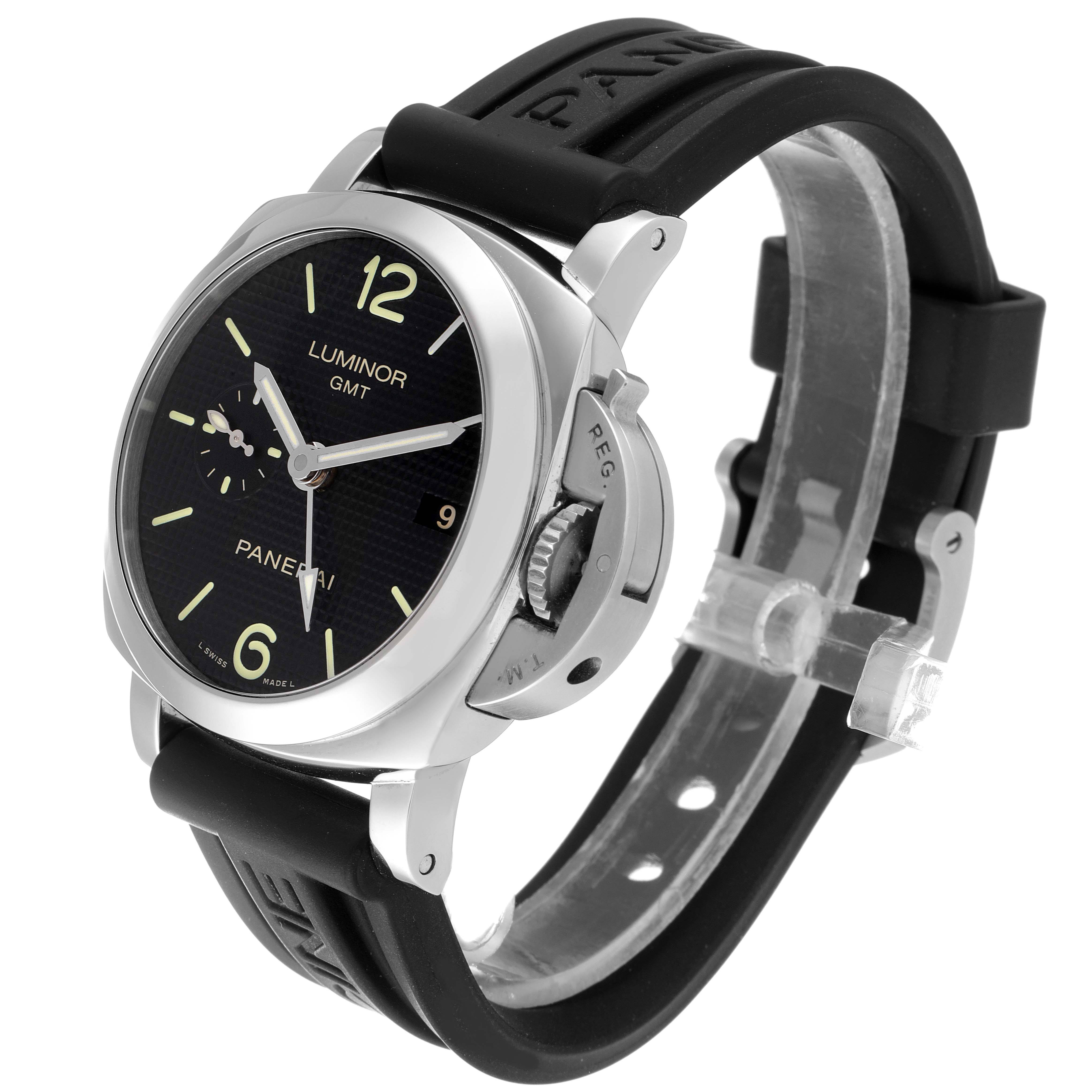 The image shows a Panerai Luminor PAM00535 Men's Stainless Steel Black Dial PAM00535 Men's Stainless Steel Black Dial model watch at an angled side view, highlighting the dial, crown guard, and strap.