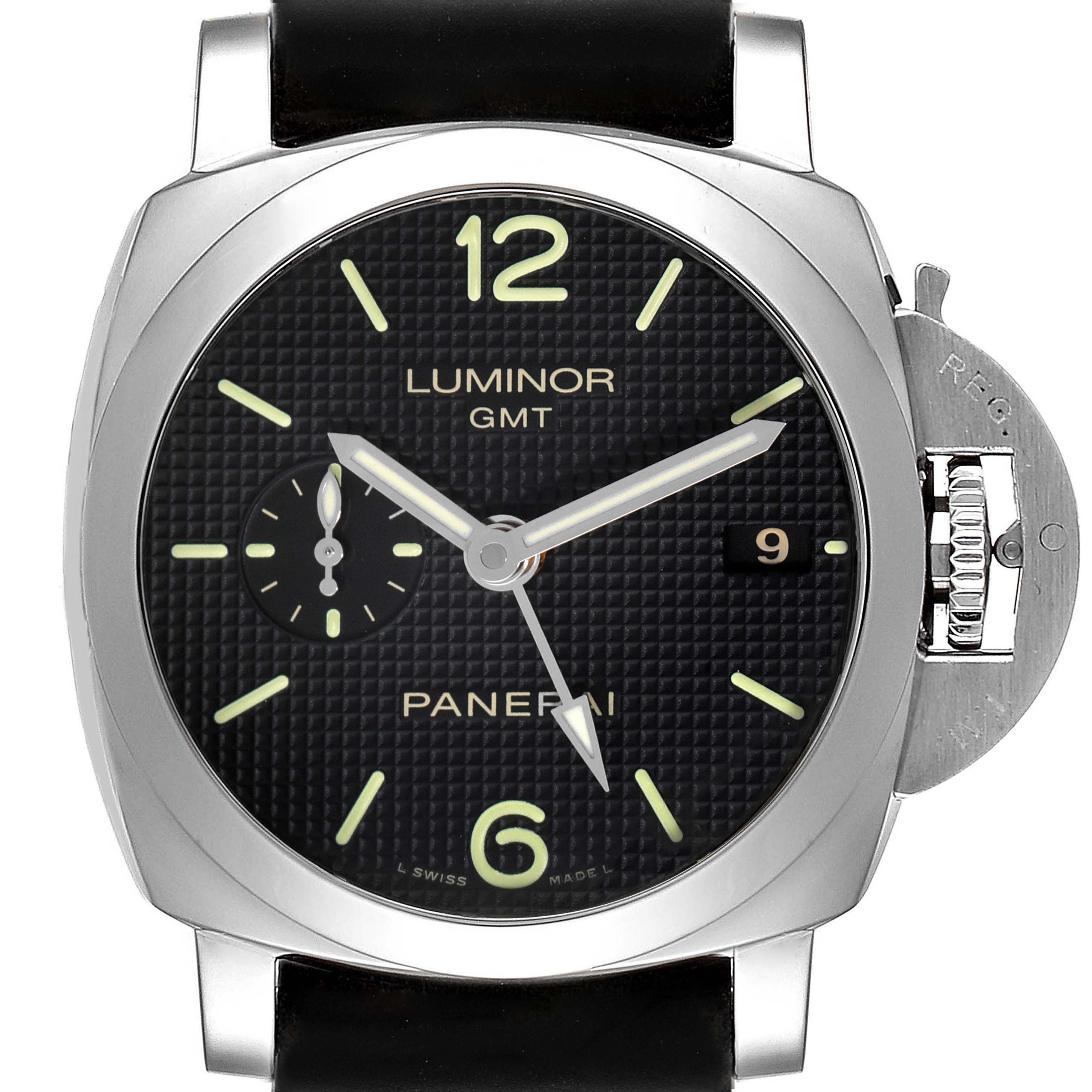 This image shows a front angle of the Panerai Luminor PAM00535 Men's Stainless Steel Black Dial PAM00535 Men's Stainless Steel Black Dial GMT watch, highlighting the dial, hands, and crown guard.