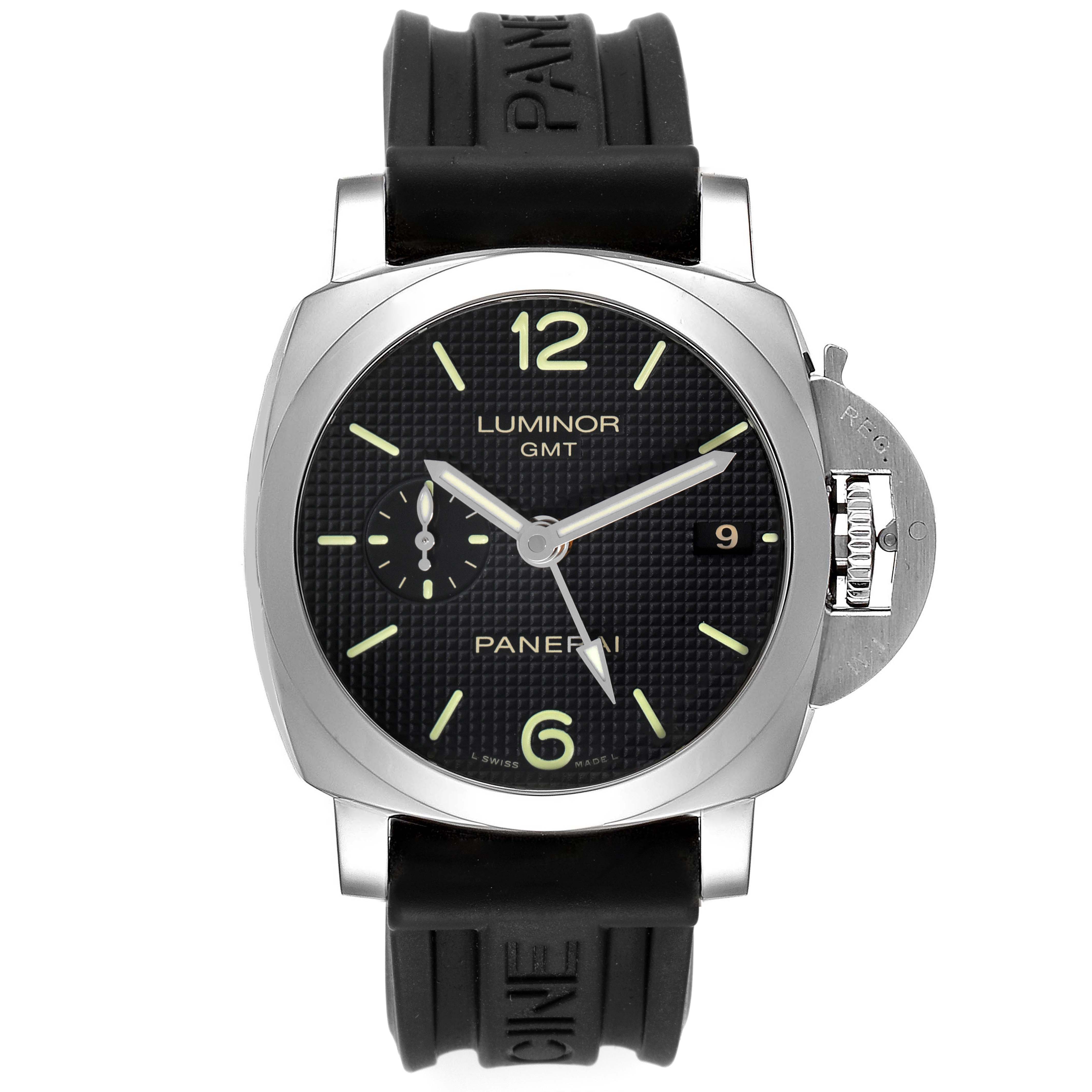 The Panerai Luminor PAM00535 Men's Stainless Steel Black Dial PAM00535 Men's Stainless Steel Black Dial watch is shown from a front angle, displaying its face, bezel, and rubber strap.