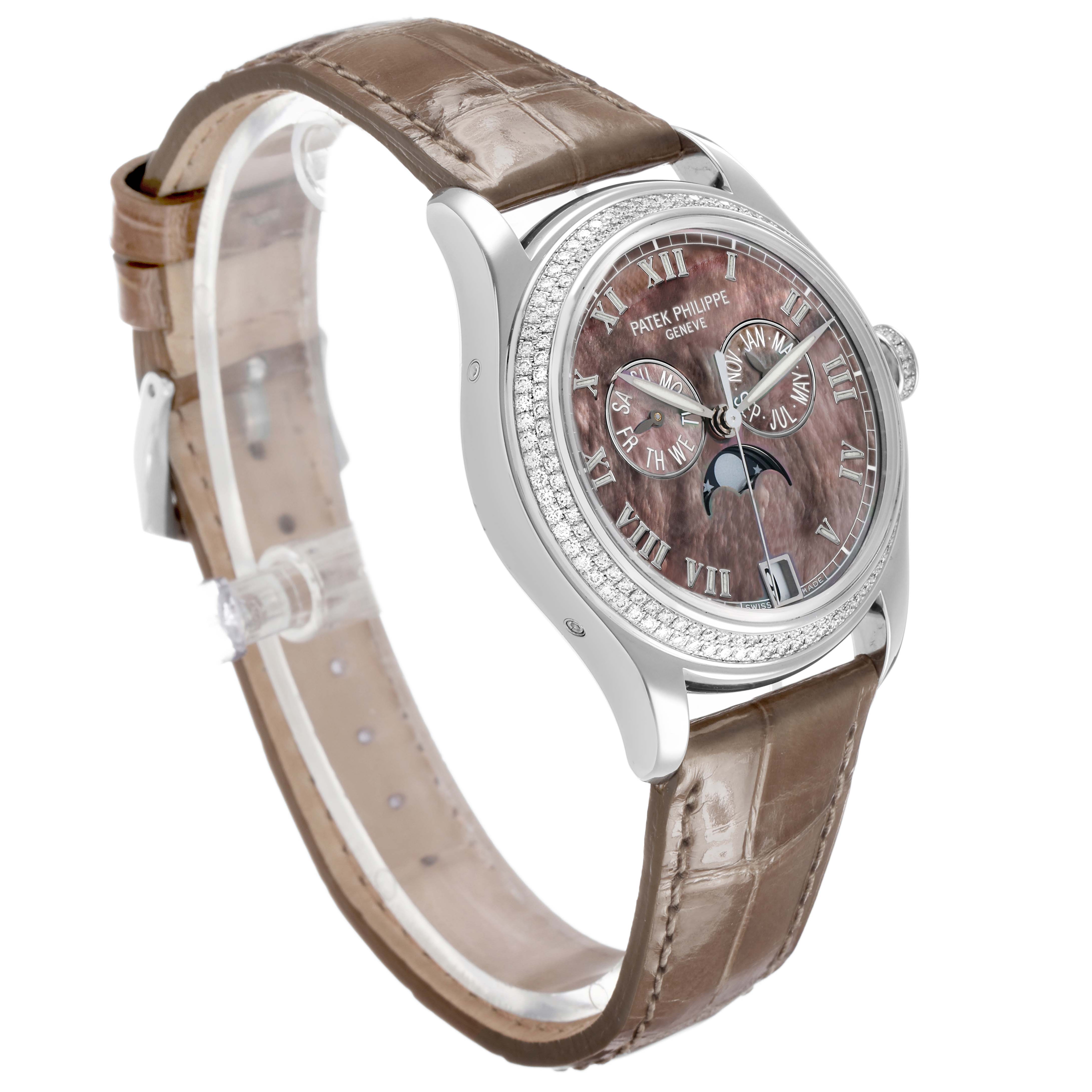 The Patek Philippe Complications 4936 Men's White Gold Mother of Pearl Dial watch is shown at a three-quarter angle, highlighting the dial, bezel, case, and leather strap.